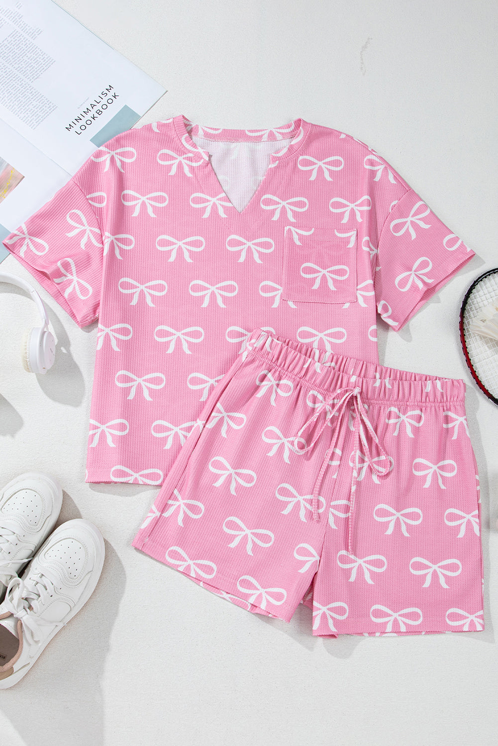 Blue Zone Planet | Pink Waffle Knit Bowknot Printed V Neck T Shirt And Shorts Set-Two Piece Shorts Sets-[Adult]-[Female]-2022 Online Blue Zone Planet