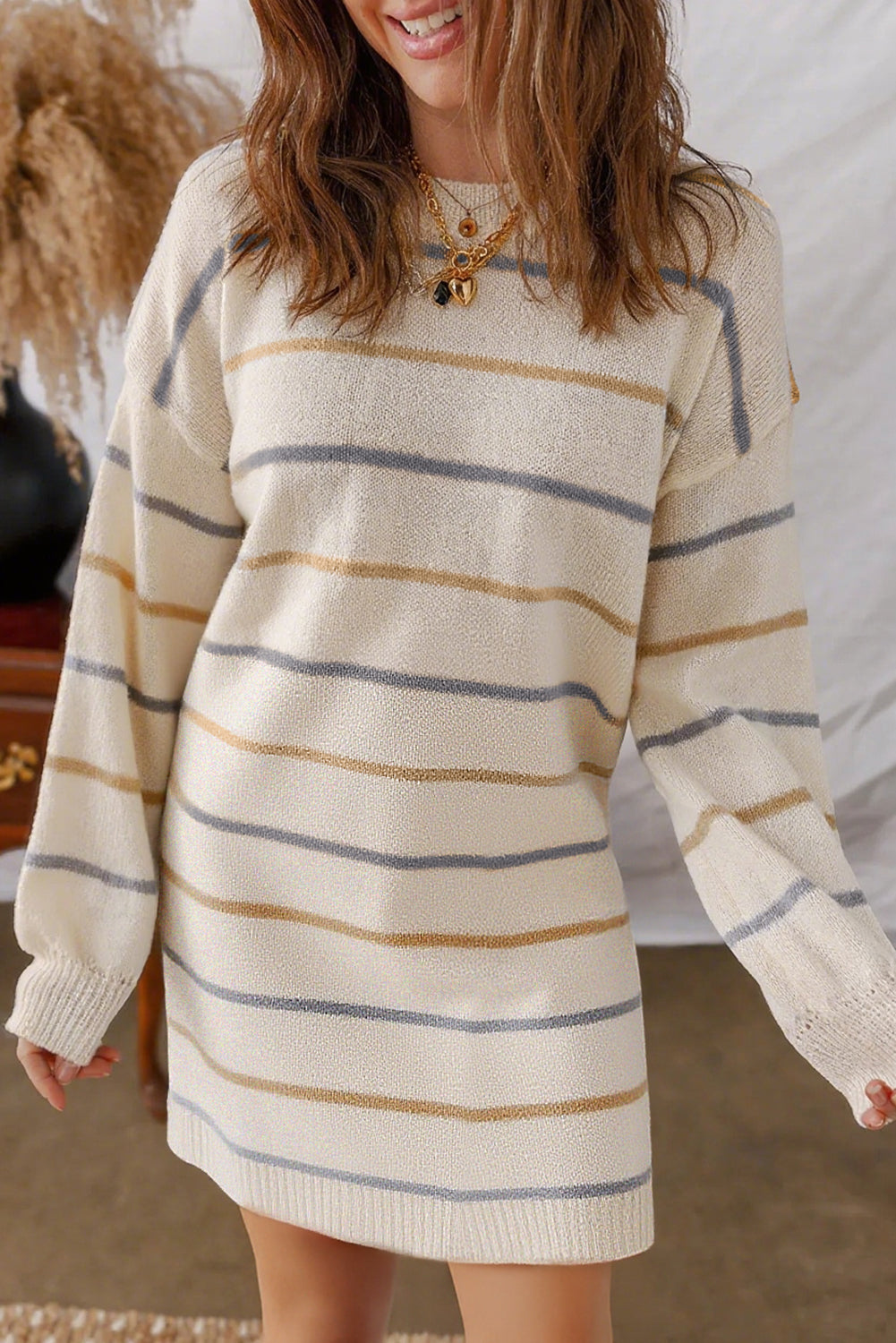 Multicolour Striped Print Drop Shoulder Shift Sweater Mini Dress Multicolour / L / 100%Acrylic
