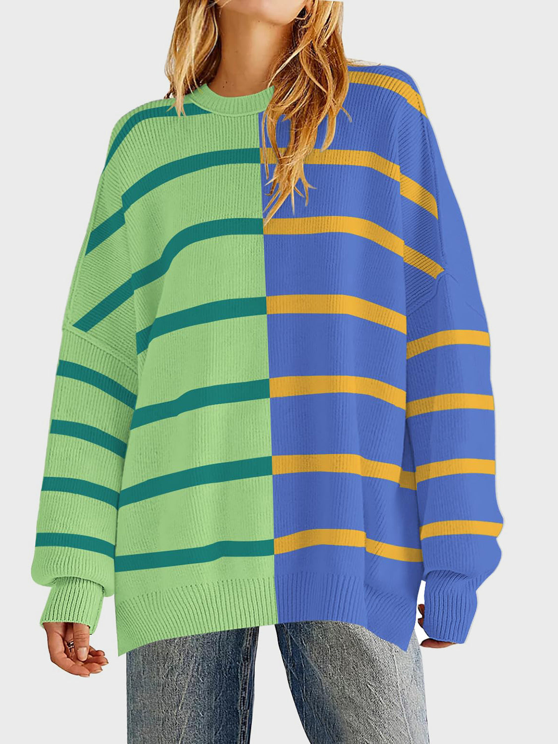 Striped Round Neck Long Sleeve Sweater-TOPS / DRESSES-[Adult]-[Female]-Green-S-2022 Online Blue Zone Planet