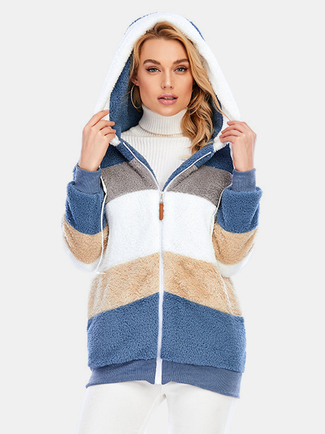 Blue Zone Planet | Full Size Drawstring Color Block Zip Up Hooded Outerwear-TOPS / DRESSES-[Adult]-[Female]-2022 Online Blue Zone Planet