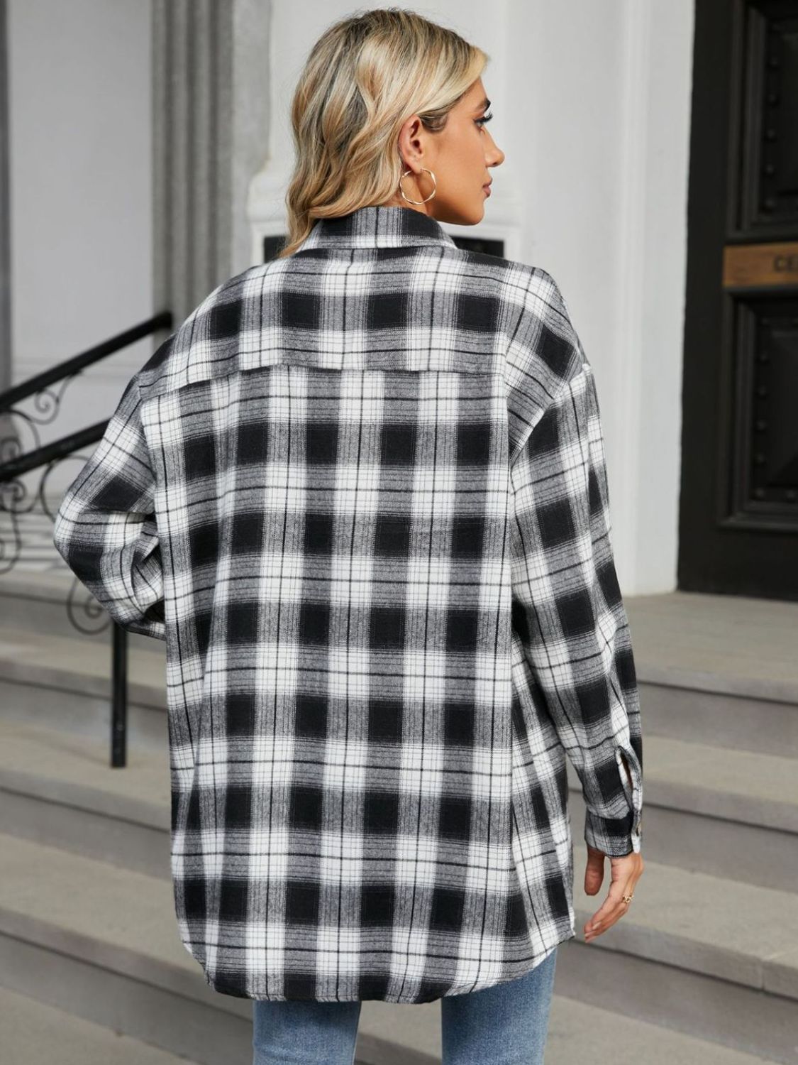 Plaid Collared Neck Long Sleeve Shirt-TOPS / DRESSES-[Adult]-[Female]-2022 Online Blue Zone Planet