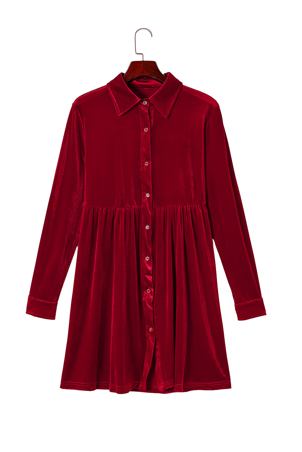 Blue Zone Planet | Fiery Red Long Sleeve Ruffle Velvet Button Up Dress-TOPS / DRESSES-[Adult]-[Female]-2022 Online Blue Zone Planet