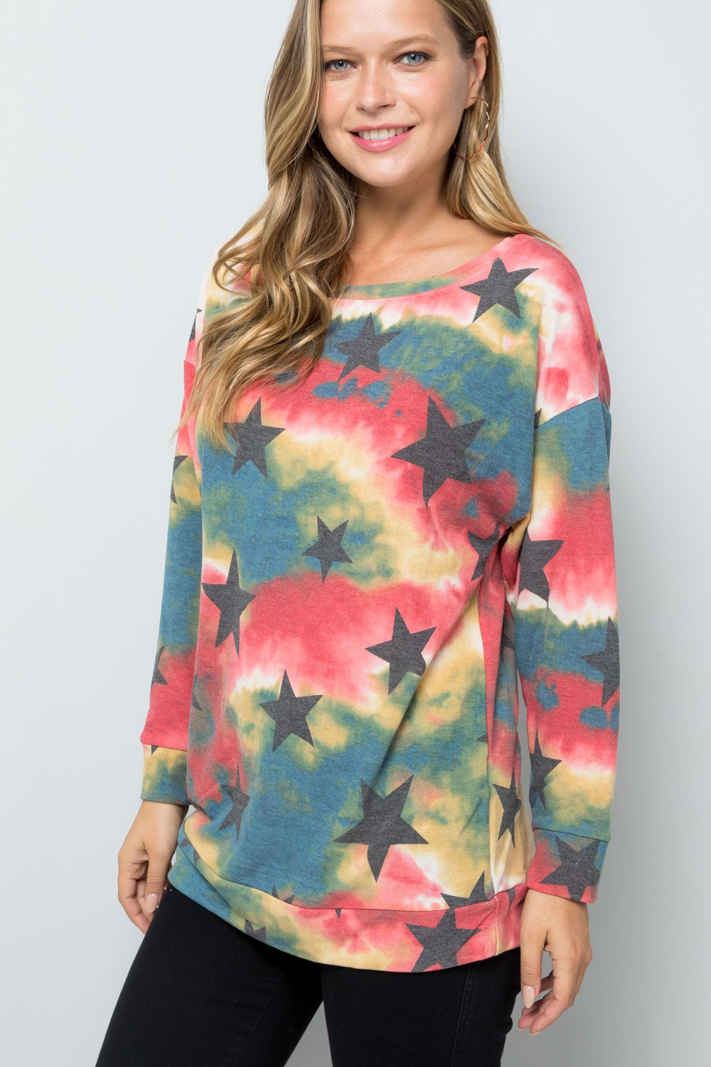 Blue Zone Planet | Celeste Tie-Dye Star Round Neck Long Sleeve T-Shirt-TOPS / DRESSES-[Adult]-[Female]-Teal Tie Dye-S-2022 Online Blue Zone Planet