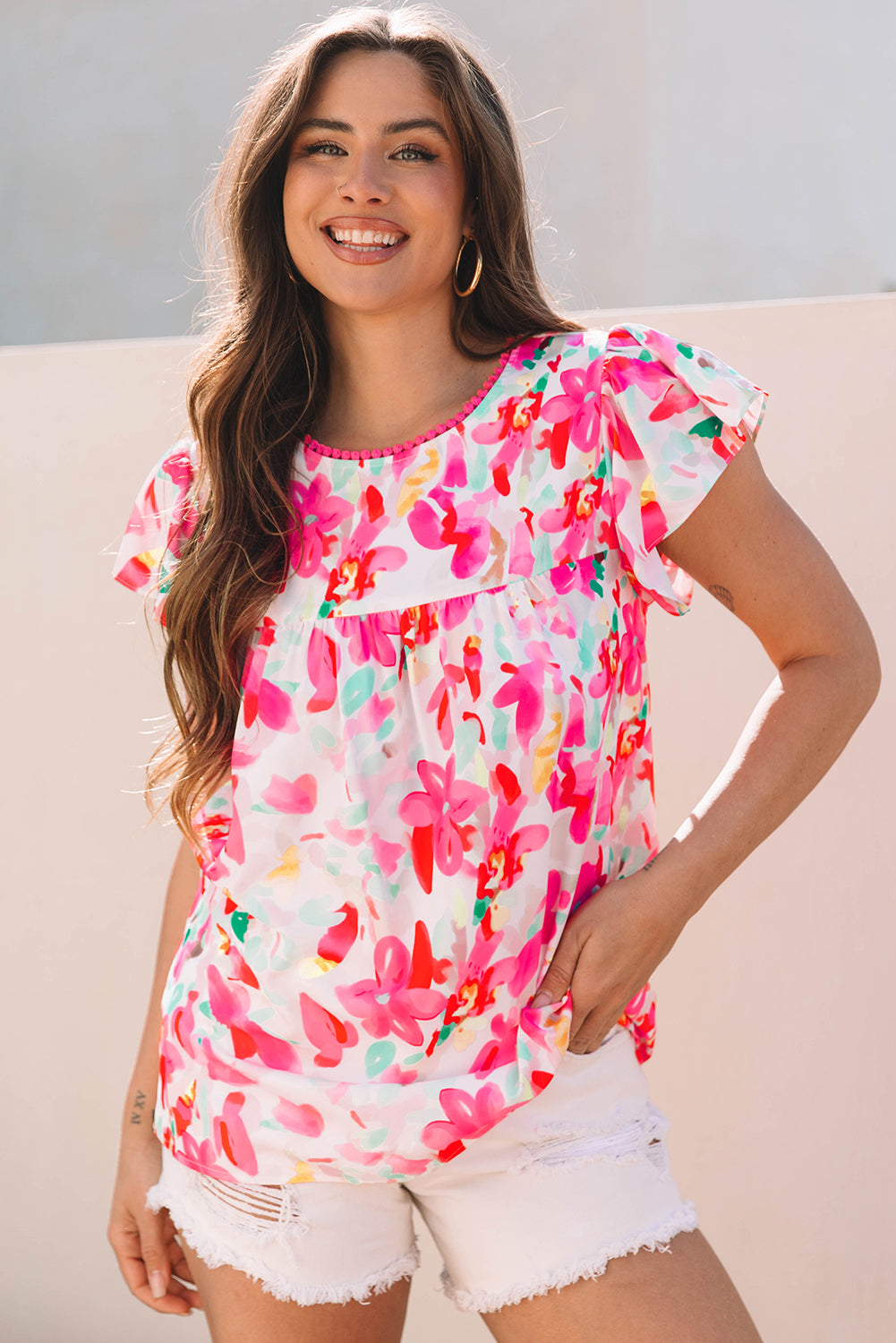 Rose Floral Print Flutter Sleeve Round Neck Casual Blouse-Tops/Blouses & Shirts-[Adult]-[Female]-2022 Online Blue Zone Planet