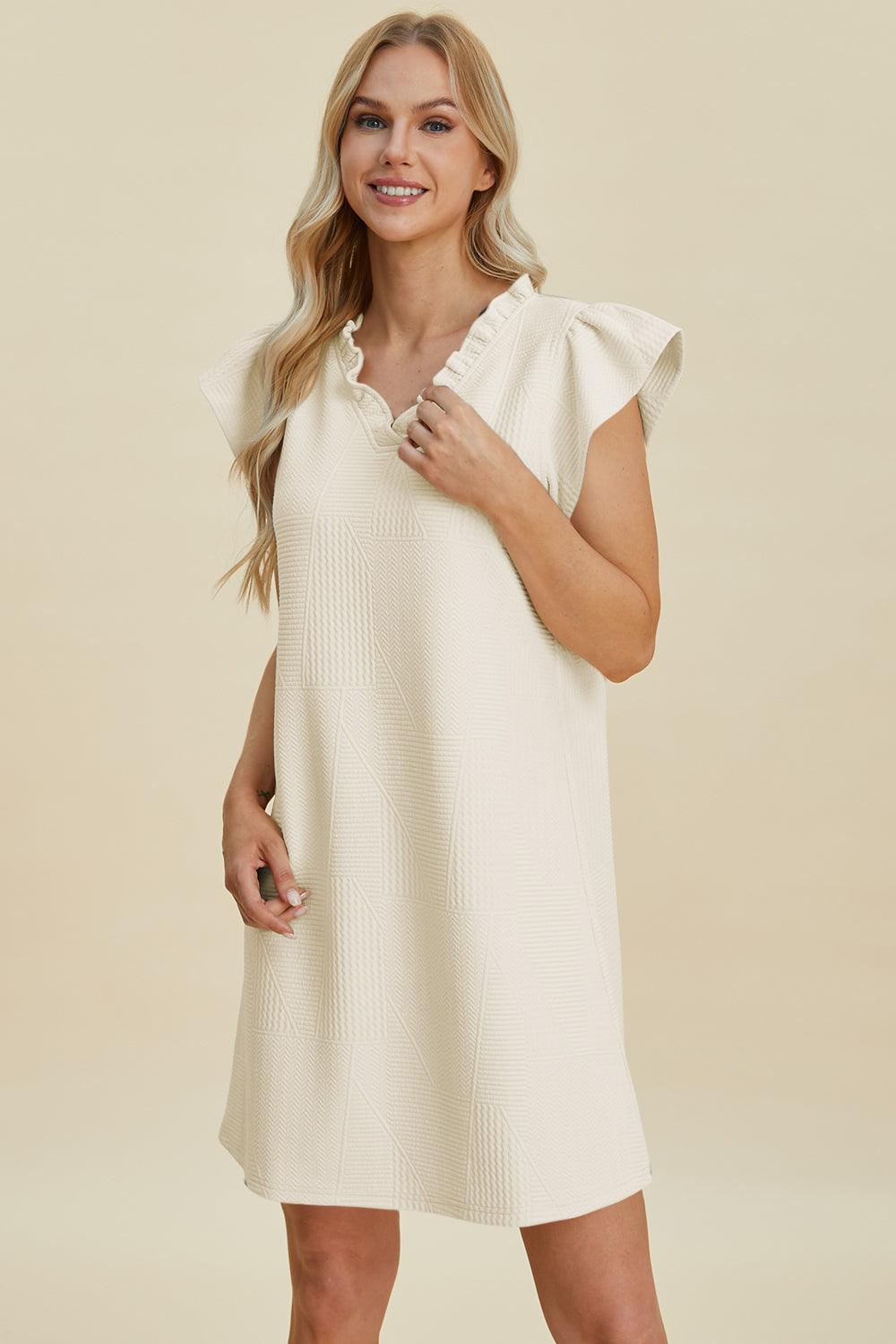 Double Take Full Size Ruffled V-Neck Cap Sleeve Dress-TOPS / DRESSES-[Adult]-[Female]-Cream-S-2022 Online Blue Zone Planet