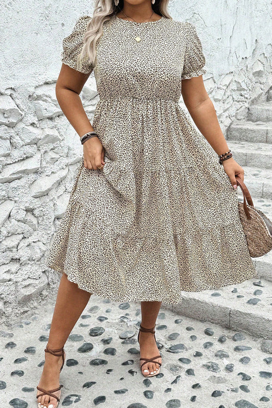 Beige Plus Size Leopard Print Frill Trim Short Sleeve Flared Dress-TOPS / DRESSES-[Adult]-[Female]-Beige-1X-2022 Online Blue Zone Planet