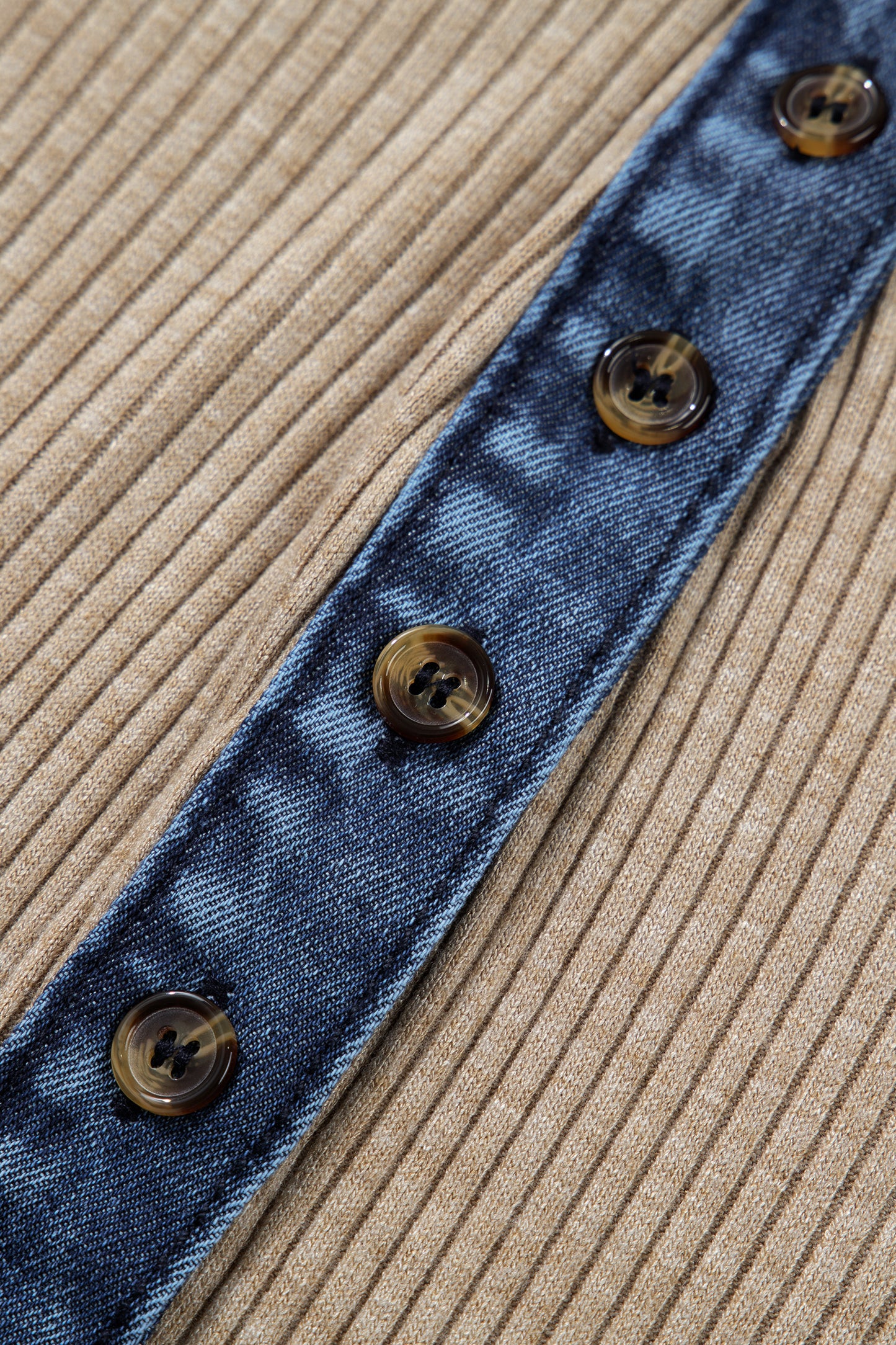 Beige Ribbed Knit Denim Patchwork Button Polo Collar Cuffed Long Sleeve Top-Tops/Long Sleeve Tops-[Adult]-[Female]-2022 Online Blue Zone Planet