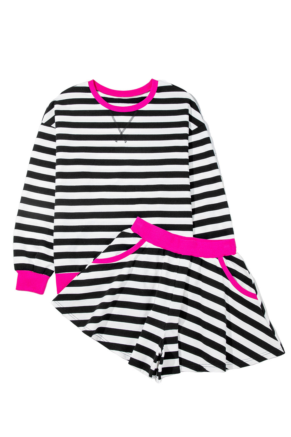 Black Stripe Contrast Ribbed Banding Long Sleeve Blouse Loose Shorts Set-Two Piece Sets/Short Sets-[Adult]-[Female]-2022 Online Blue Zone Planet