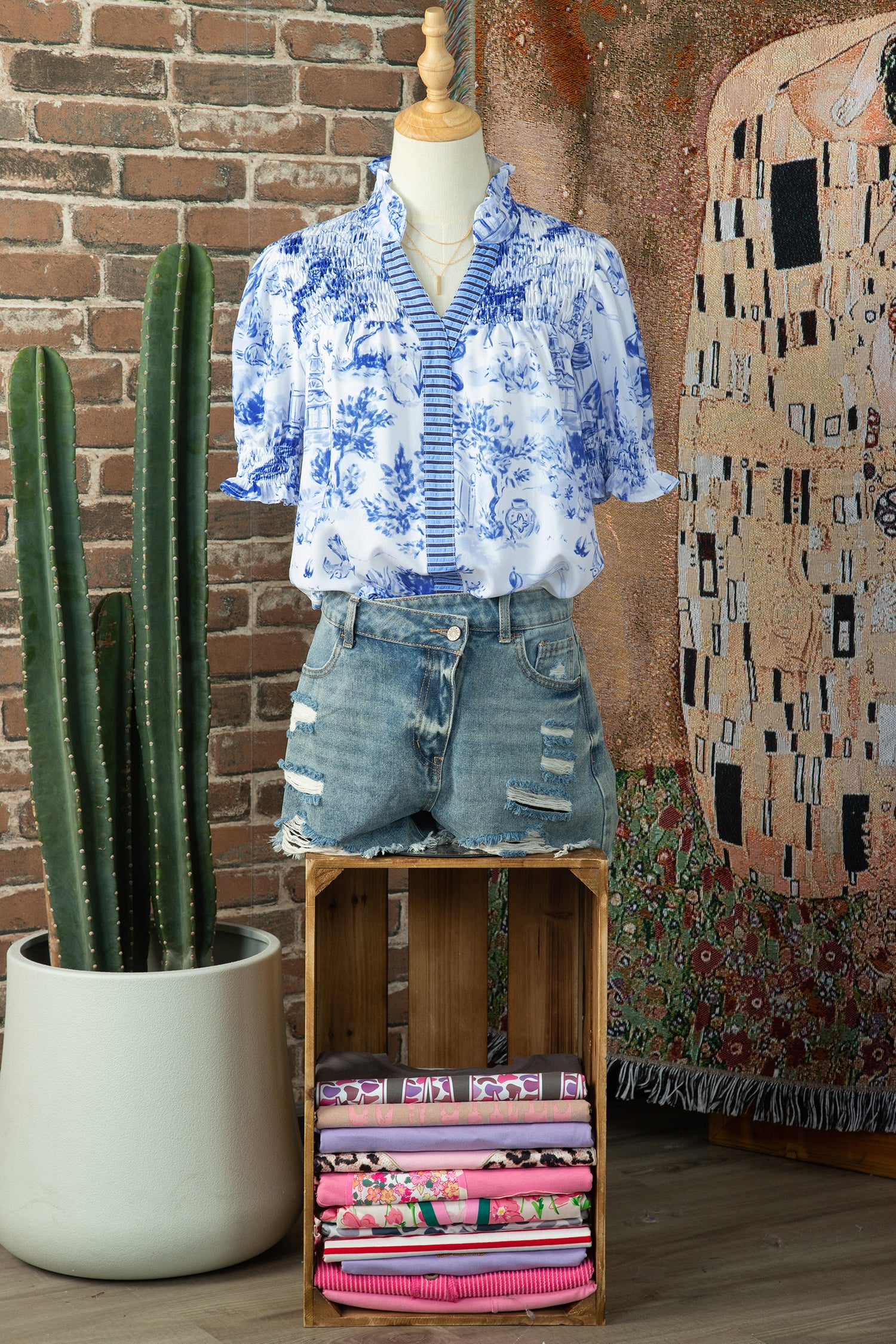 Blue Wild Animal Paradise Striped Detail V Neck Blouse-Tops/Blouses & Shirts-[Adult]-[Female]-2022 Online Blue Zone Planet
