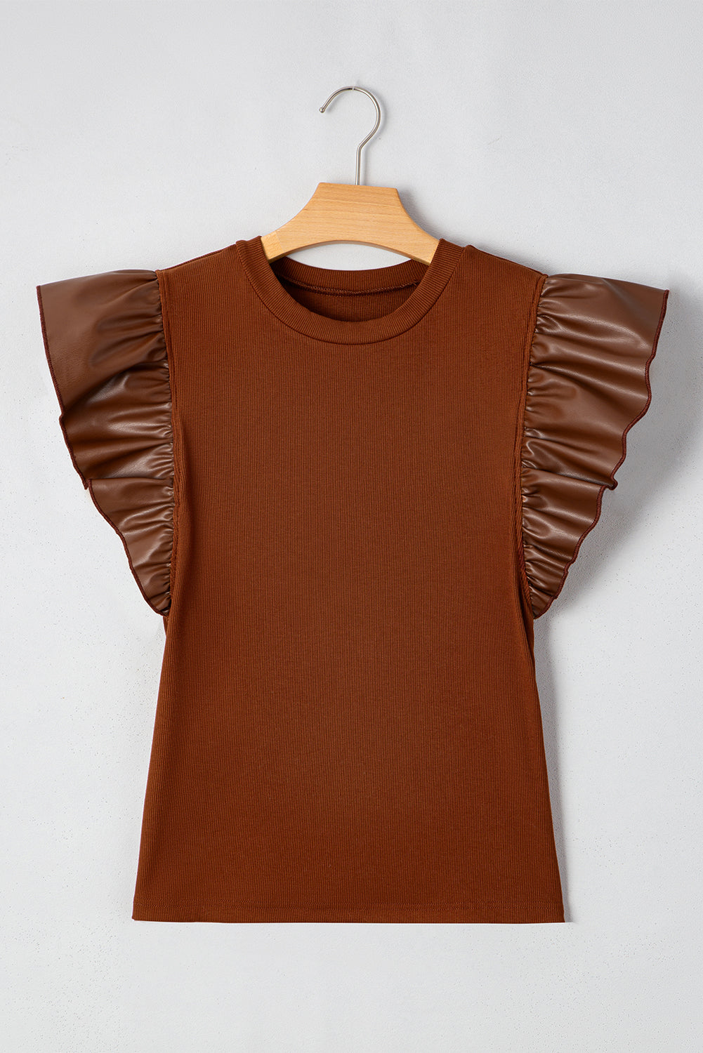 Cinnamon Leather Ruffle Sleeve Patchwork Round Neck Blouse-Tops/Blouses & Shirts-[Adult]-[Female]-2022 Online Blue Zone Planet