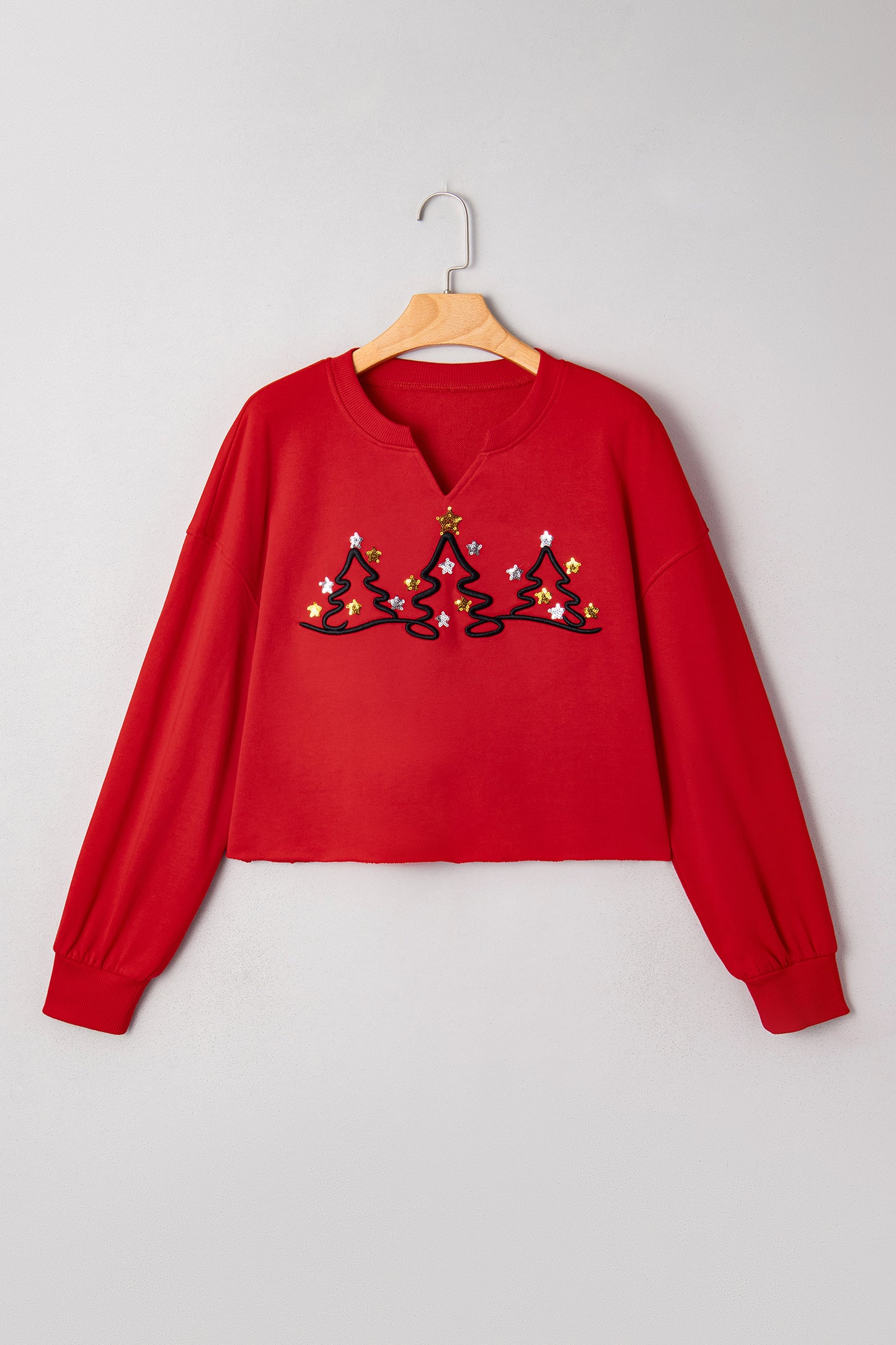 Tomato Red Christmas Tree Embroidered Notched Neck Cropped Sweatshirt-Tops/Sweatshirts & Hoodies-[Adult]-[Female]-2022 Online Blue Zone Planet