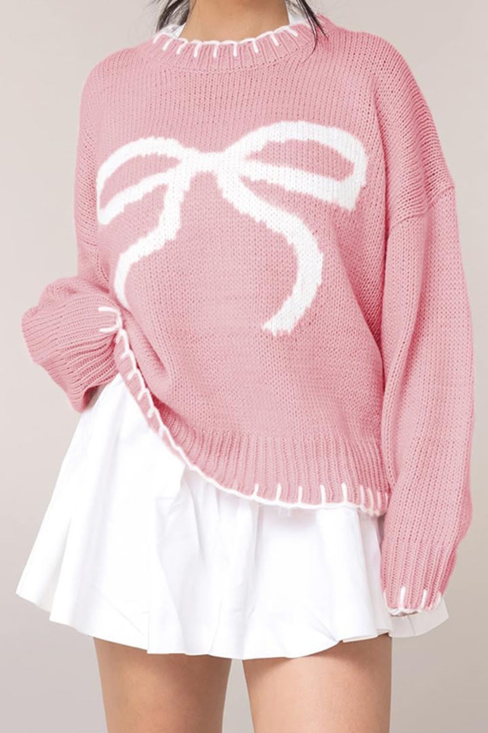 Bow Graphic Round Neck Long Sleeve Sweater-TOPS / DRESSES-[Adult]-[Female]-Blush Pink-S-2022 Online Blue Zone Planet