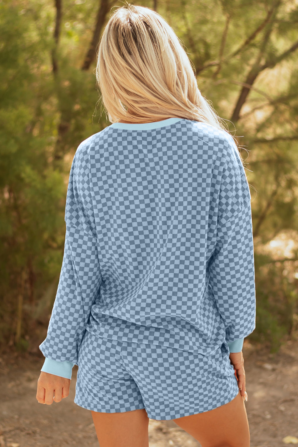 Sky Blue Checkerboard Long Sleeve Pullover and Shorts Set-Two Piece Sets/Short Sets-[Adult]-[Female]-2022 Online Blue Zone Planet