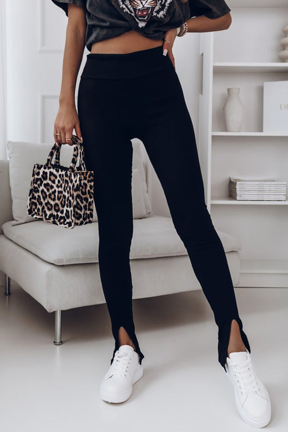 Black Rib Knit High Waist Slit Leggings-Tops / Dresses-[Adult]-[Female]-2022 Online Blue Zone Planet
