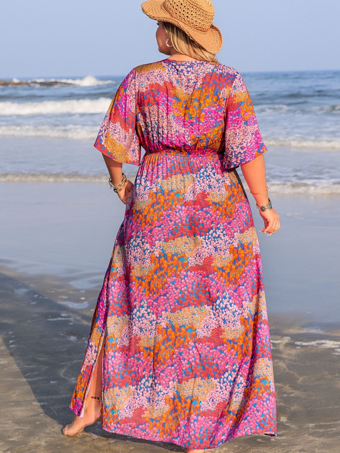 Blue Zone Planet | Plus Size Slit Printed Half Sleeve Dress-TOPS / DRESSES-[Adult]-[Female]-2022 Online Blue Zone Planet