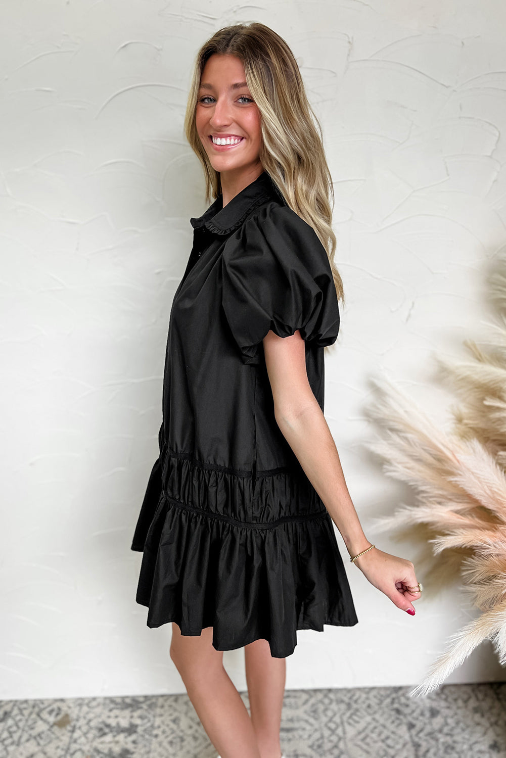 Black Shirt Style Button Down Puff Sleeve Ruffle Hem Dress-Dresses/Mini Dresses-[Adult]-[Female]-2022 Online Blue Zone Planet