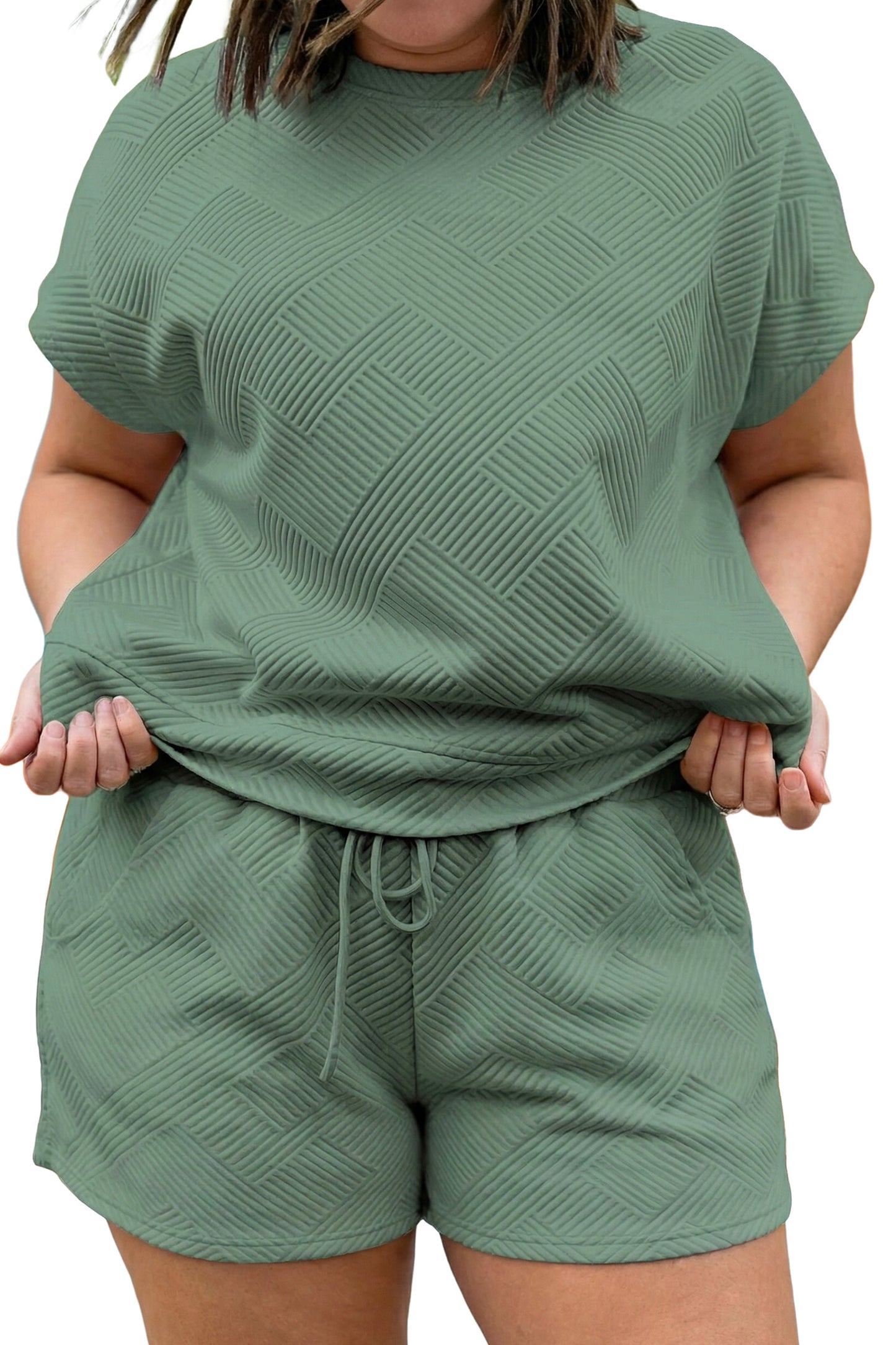 Mineral Blue Plus Size Textured Short Sleeve Top Drawstring Shorts Set-Plus Size/Plus Size Loungewear-[Adult]-[Female]-2022 Online Blue Zone Planet