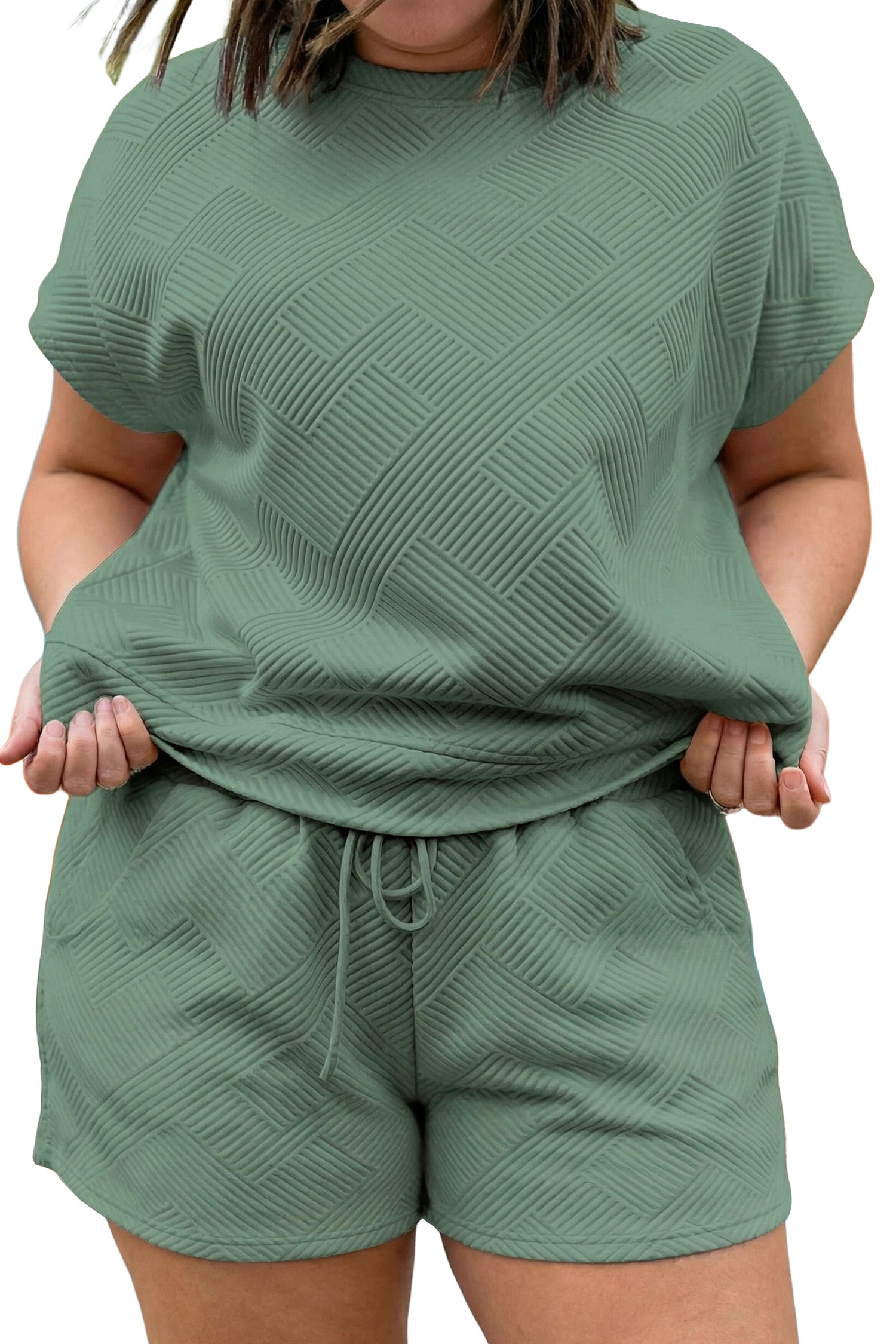 Mineral Blue Plus Size Textured Short Sleeve Top Drawstring Shorts Set-Plus Size/Plus Size Loungewear-[Adult]-[Female]-2022 Online Blue Zone Planet