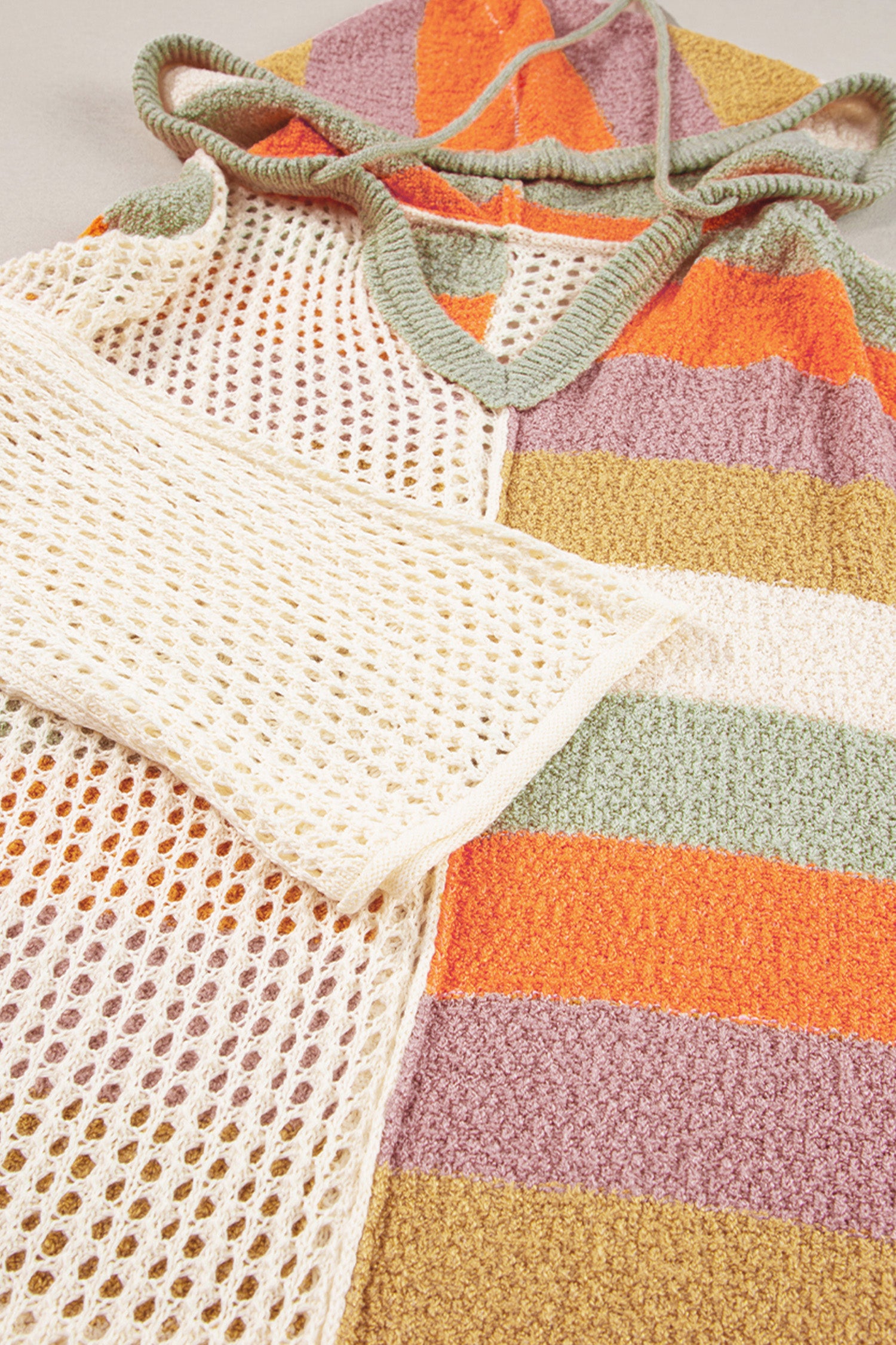 Blue Zone Planet | Beige Oversized Colorblock V Neck Hooded Sweater-Tops / Dresses-[Adult]-[Female]-2022 Online Blue Zone Planet
