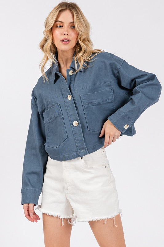 Blue Zone Planet | bytos Button Down Cropped Denim Jacket with Patch Pockets-TOPS / DRESSES-[Adult]-[Female]-2022 Online Blue Zone Planet