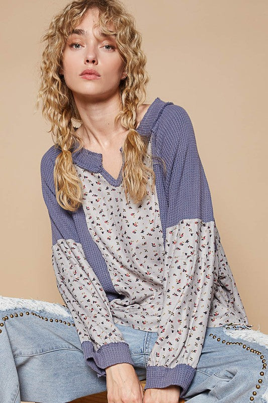 POL Waffle Knit Floral Notched Long Sleeve Top-TOPS / DRESSES-[Adult]-[Female]-2022 Online Blue Zone Planet