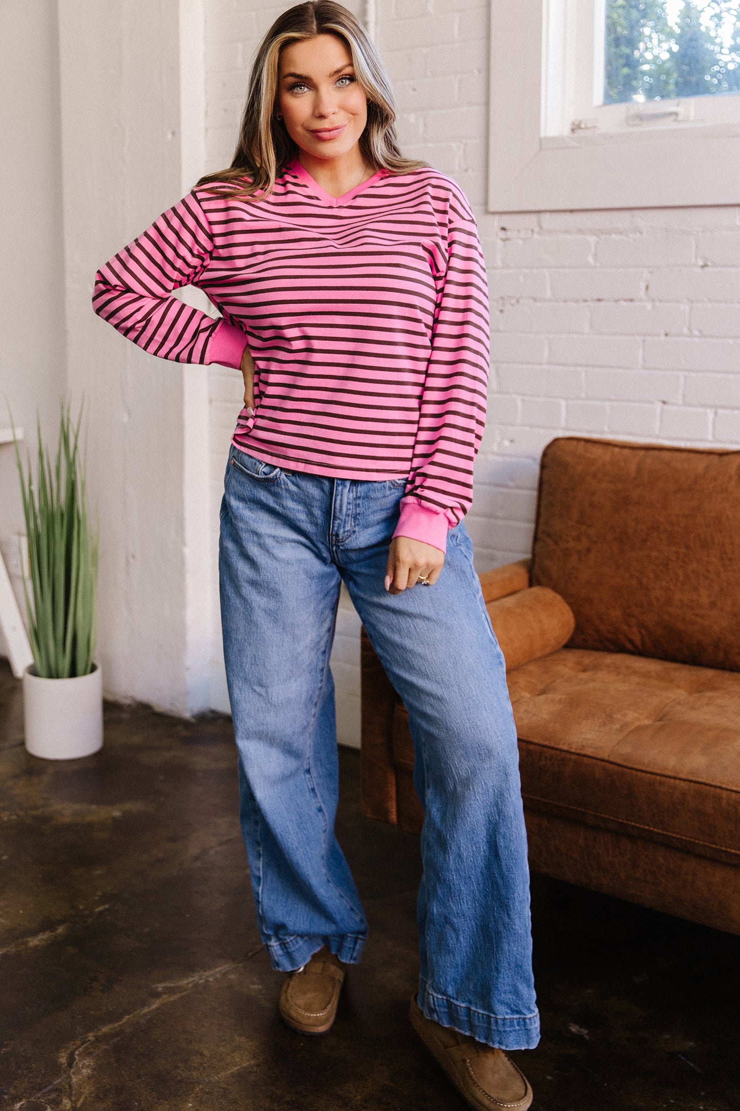 Pink Stripe V Neck Long Sleeve Drop Shoulder Blouse-Tops/Long Sleeve Tops-[Adult]-[Female]-2022 Online Blue Zone Planet