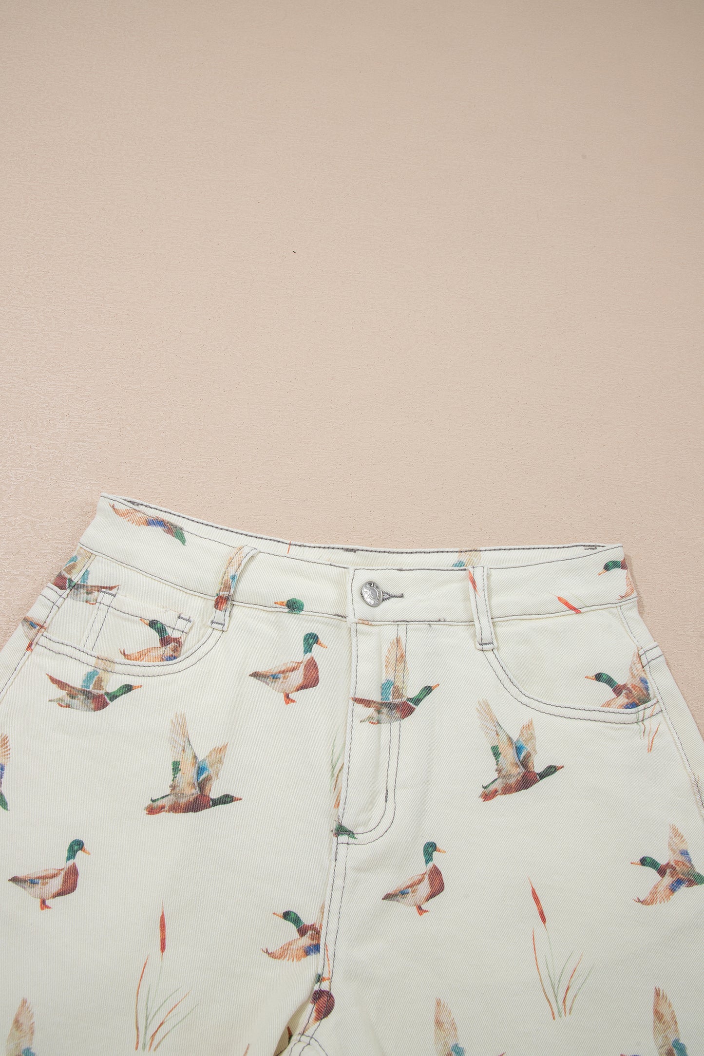 Beige Wild Duck Mallard High Waist Frayed Denim Shorts-Bottoms/Denim Shorts-[Adult]-[Female]-2022 Online Blue Zone Planet