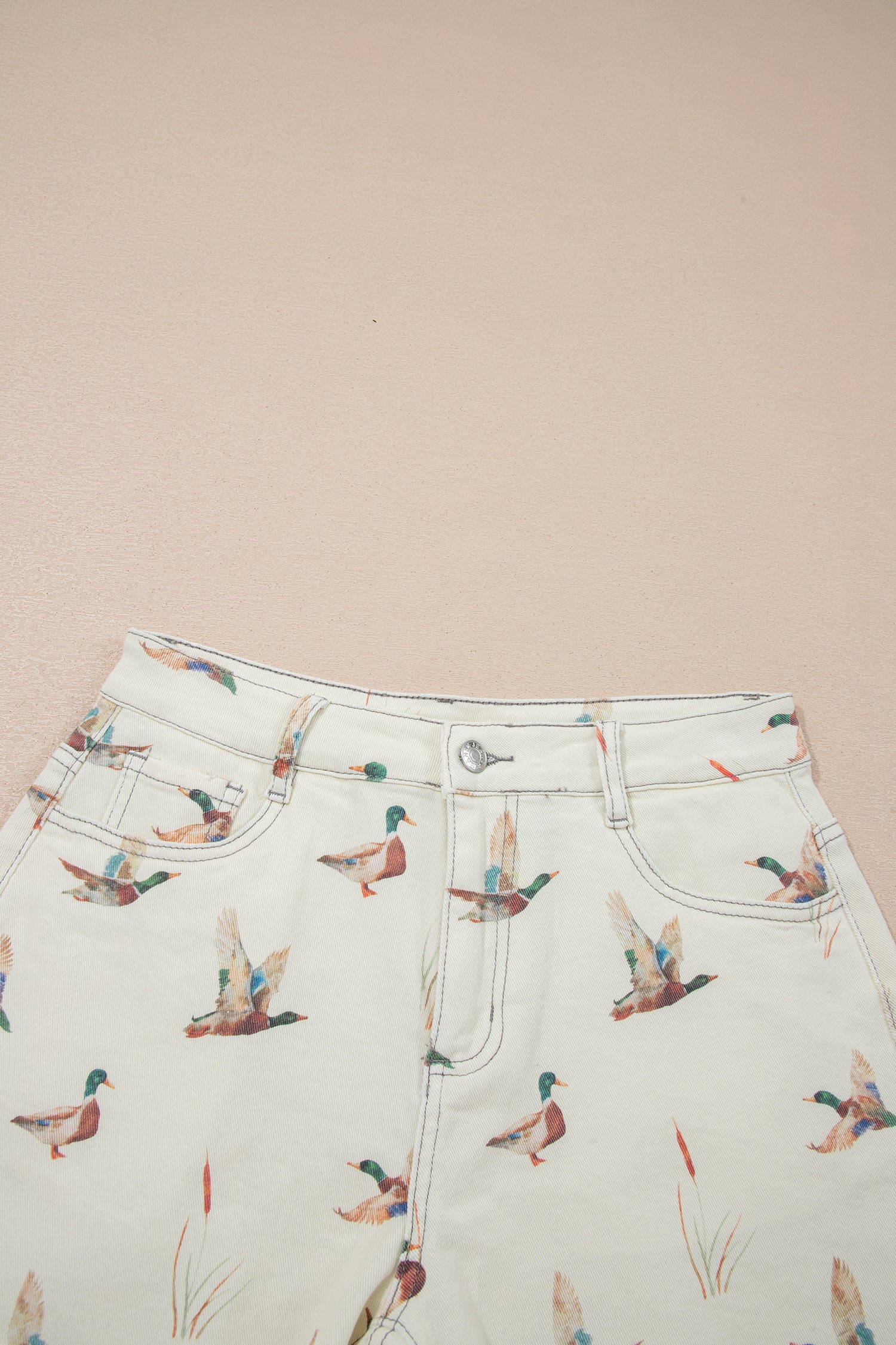 Beige Wild Duck Mallard High Waist Frayed Denim Shorts-Bottoms/Denim Shorts-[Adult]-[Female]-2022 Online Blue Zone Planet
