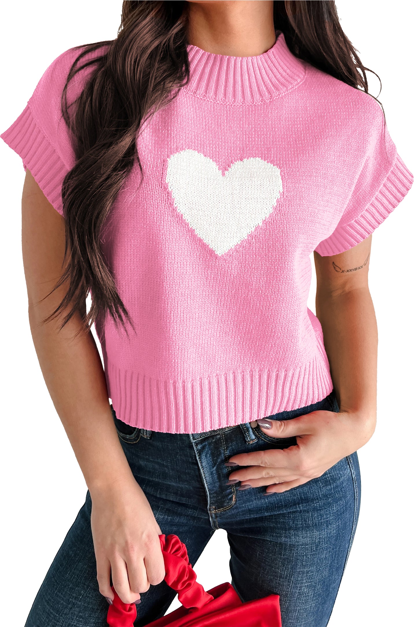 Fiery Red Valentine Heart Graphic Cropped Short Sleeve Sweater-TOPS / DRESSES-[Adult]-[Female]-2022 Online Blue Zone Planet