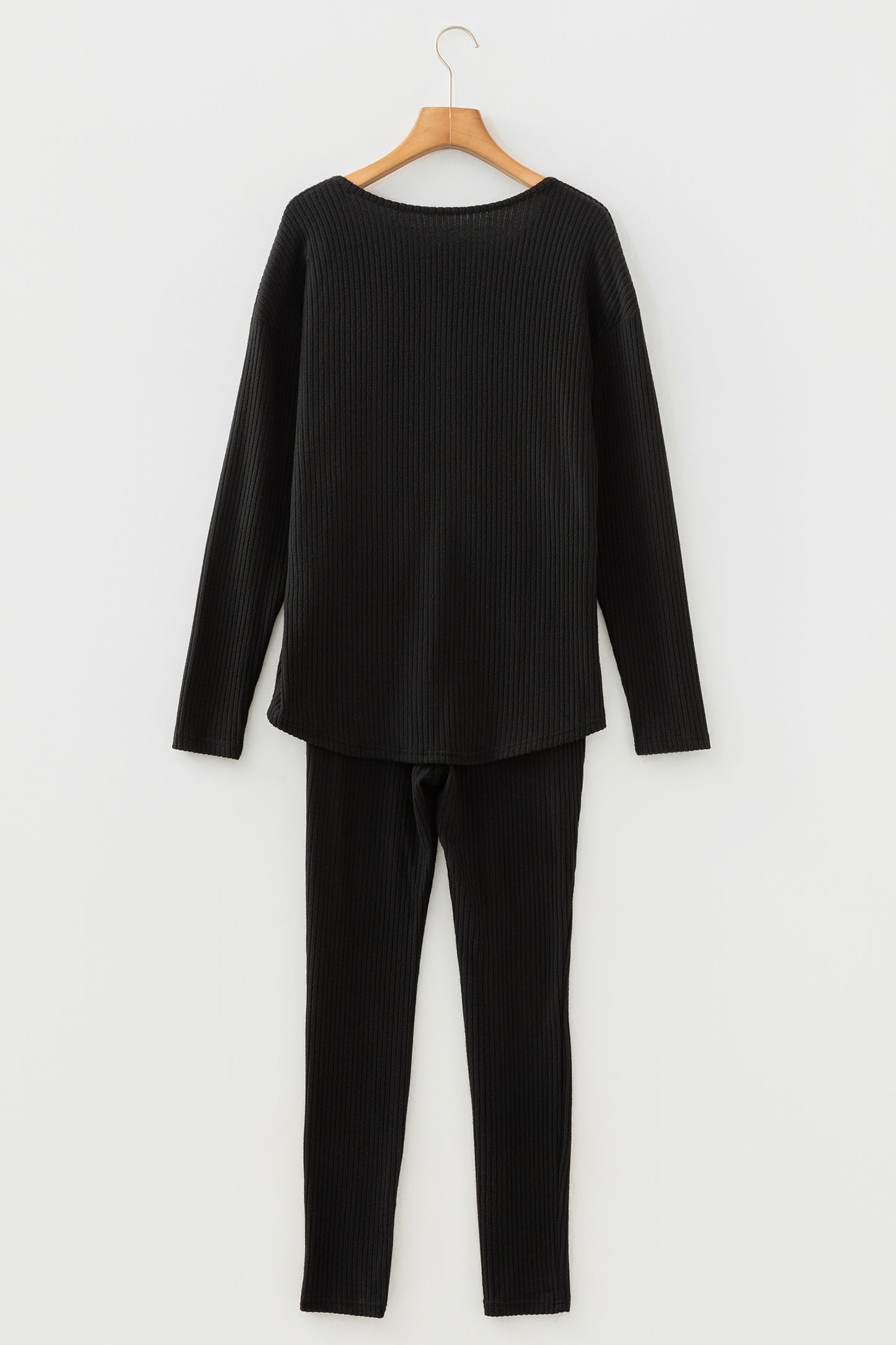 Black Ribbed Notched Neck Knit Long Sleeve Leggings Two Pieces Lounge Set-Loungewear & Sleepwear/Loungewear-[Adult]-[Female]-2022 Online Blue Zone Planet