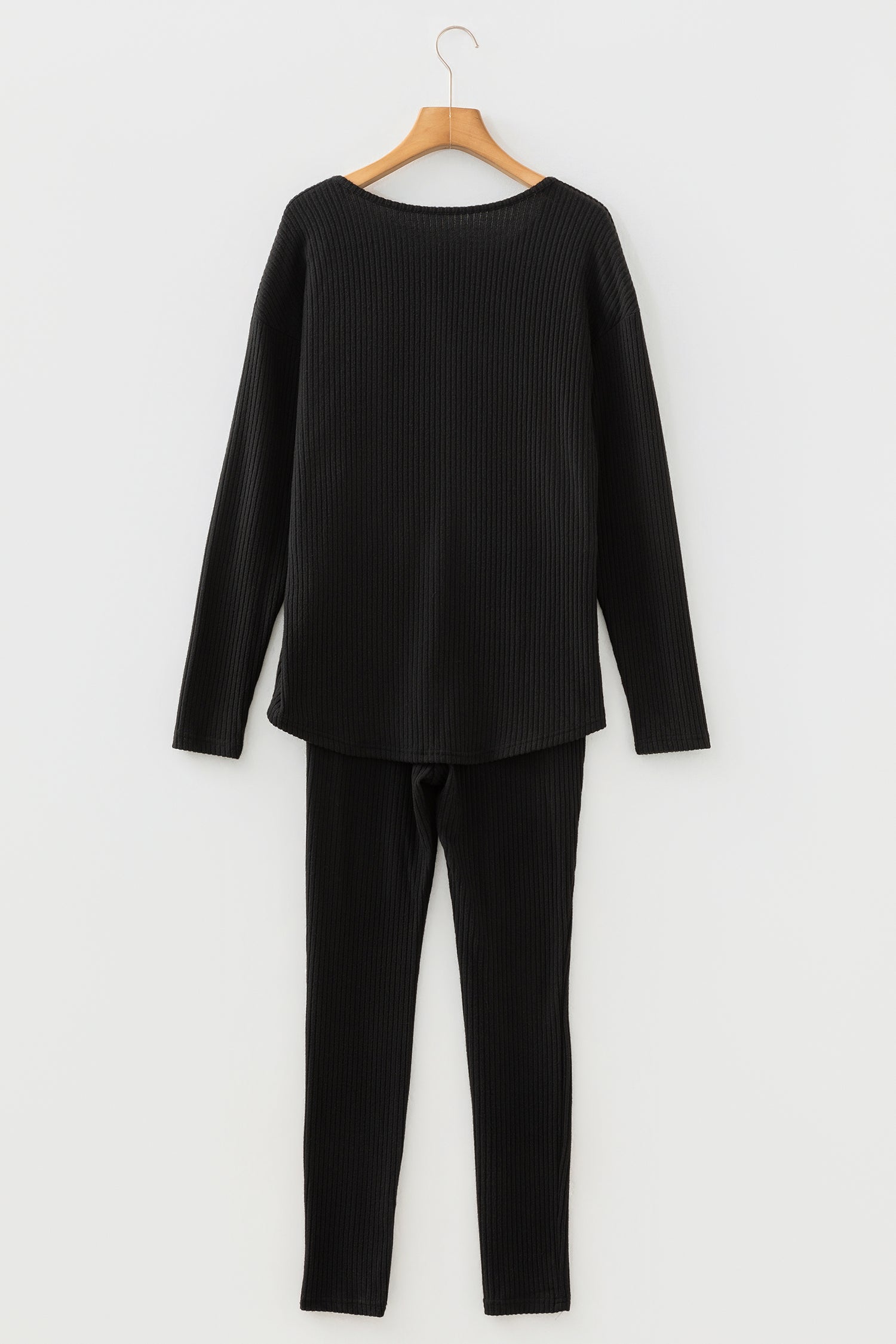 Black Ribbed Notched Neck Knit Long Sleeve Leggings Two Pieces Lounge Set-Loungewear & Sleepwear/Loungewear-[Adult]-[Female]-2022 Online Blue Zone Planet