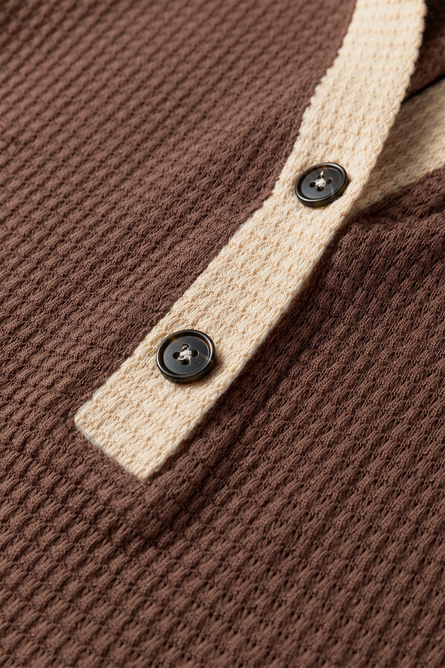 Coffee Waffle Contrast Half Buttoned Hooded Pullover Top-Tops / Dresses-[Adult]-[Female]-2022 Online Blue Zone Planet