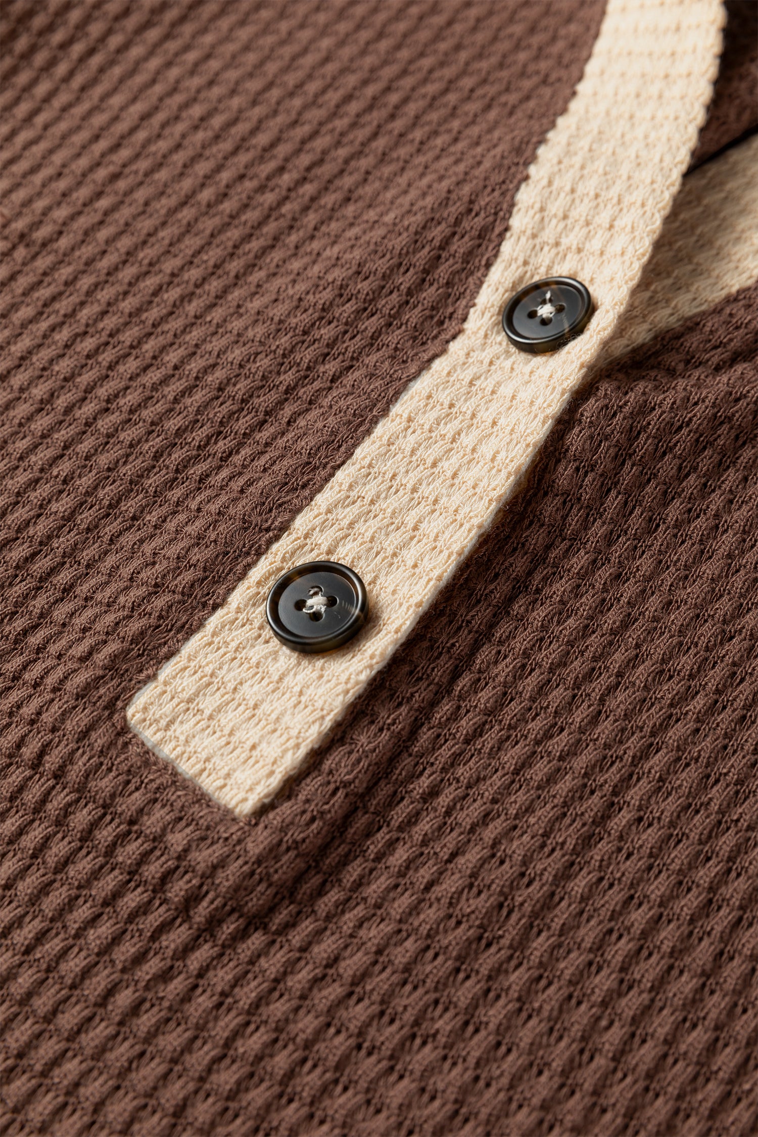 Coffee Waffle Contrast Half Buttoned Hooded Pullover Top-Tops / Dresses-[Adult]-[Female]-2022 Online Blue Zone Planet