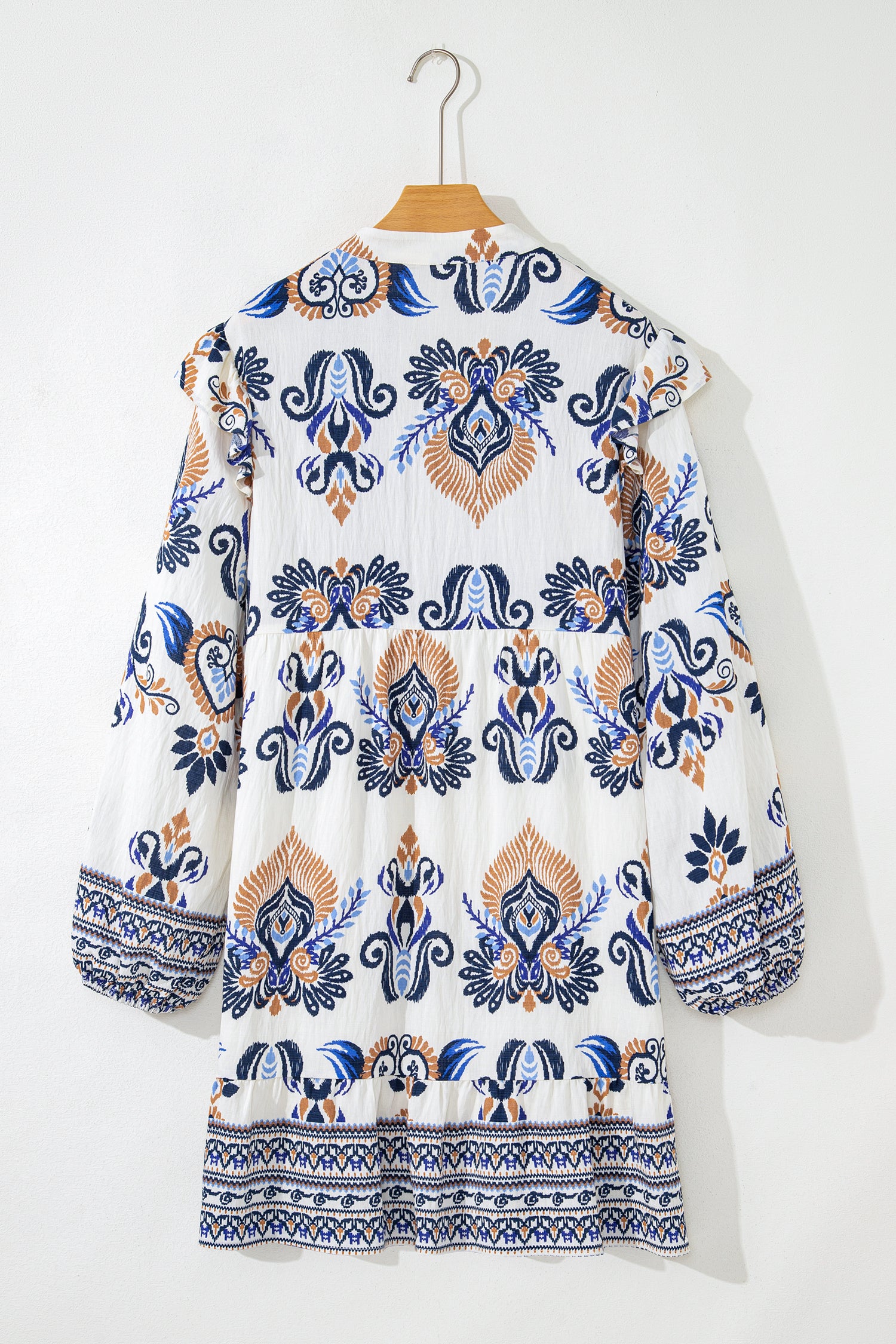 Sky Blue Plus Size Boho Print Split Neck Long Sleeve Mini Dress-TOPS / DRESSES-[Adult]-[Female]-2022 Online Blue Zone Planet