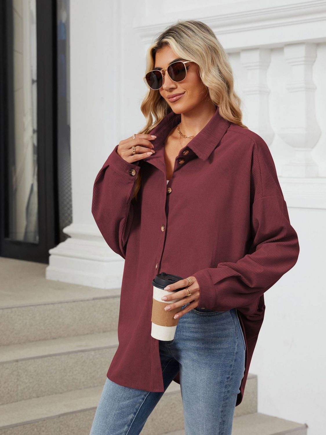 Collared Neck Long Sleeve Dropped Shoulder Shirt-TOPS / DRESSES-[Adult]-[Female]-Burgundy-S-2022 Online Blue Zone Planet