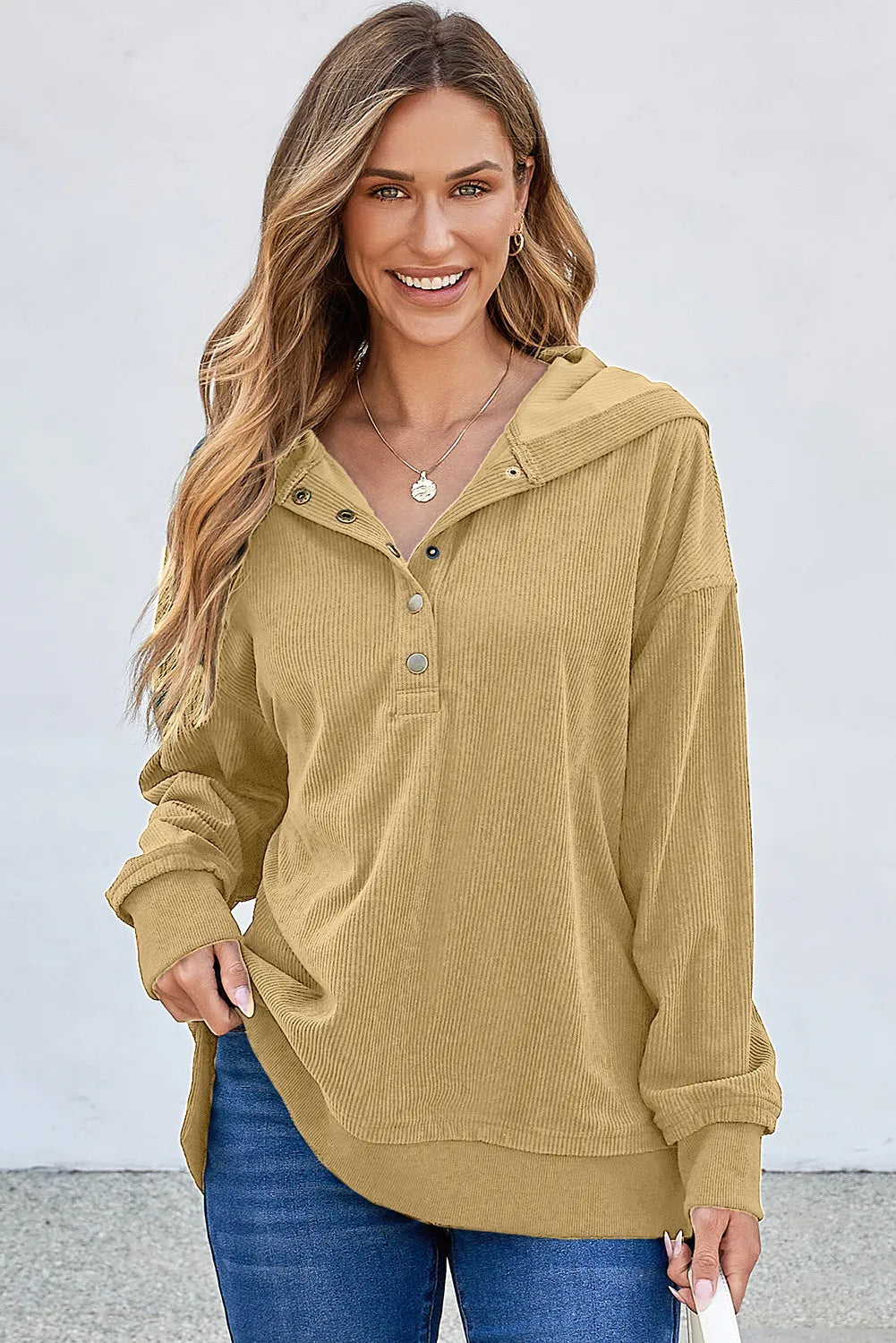 Blue Zone Planet | Half Snap Long Sleeve Dropped Shoulder Hoodie-TOPS / DRESSES-[Adult]-[Female]-2022 Online Blue Zone Planet