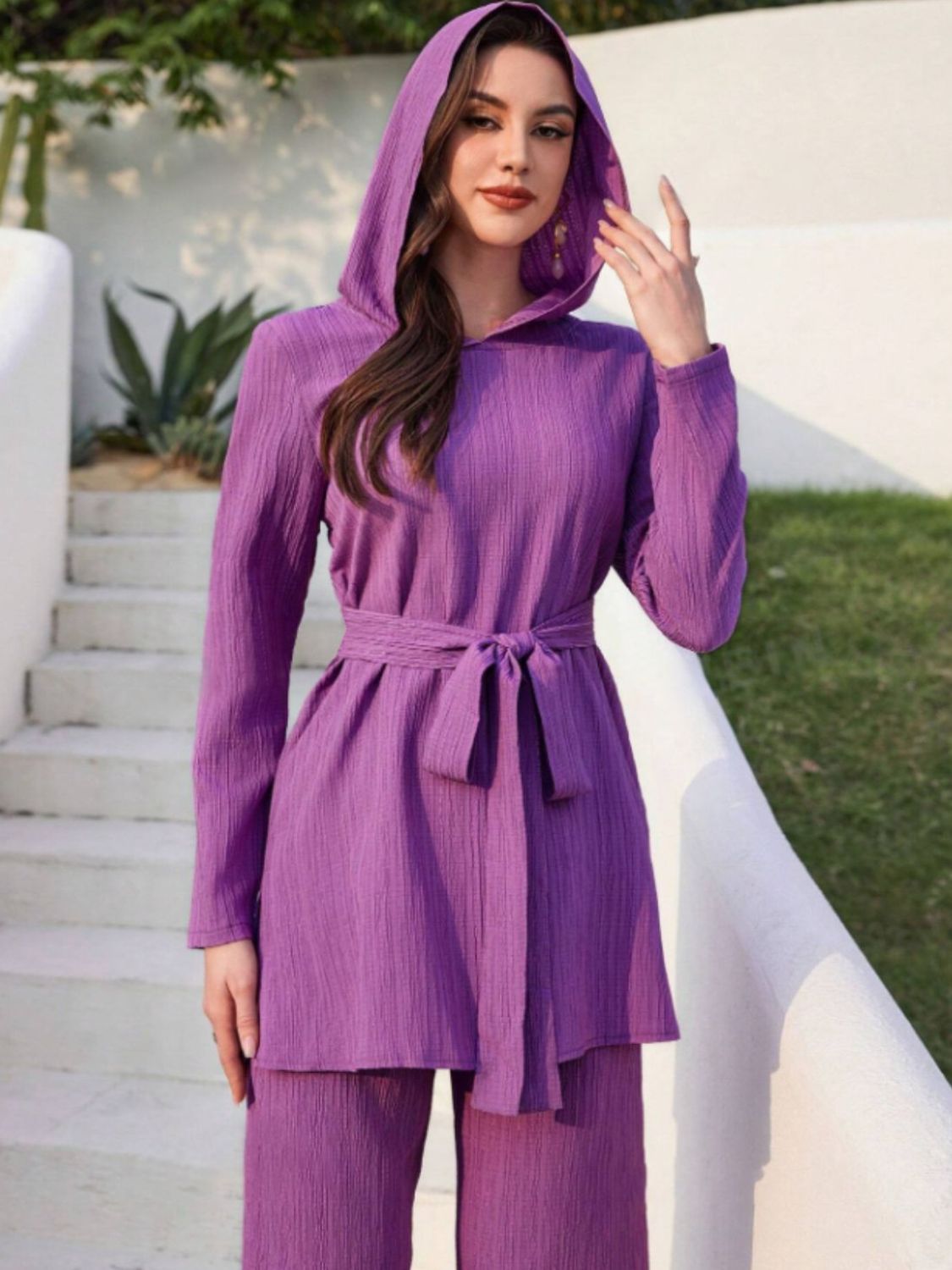 Tied Long Sleeve Hooded Top and Pants Set-TOPS / DRESSES-[Adult]-[Female]-Vivid Violet-S-2022 Online Blue Zone Planet