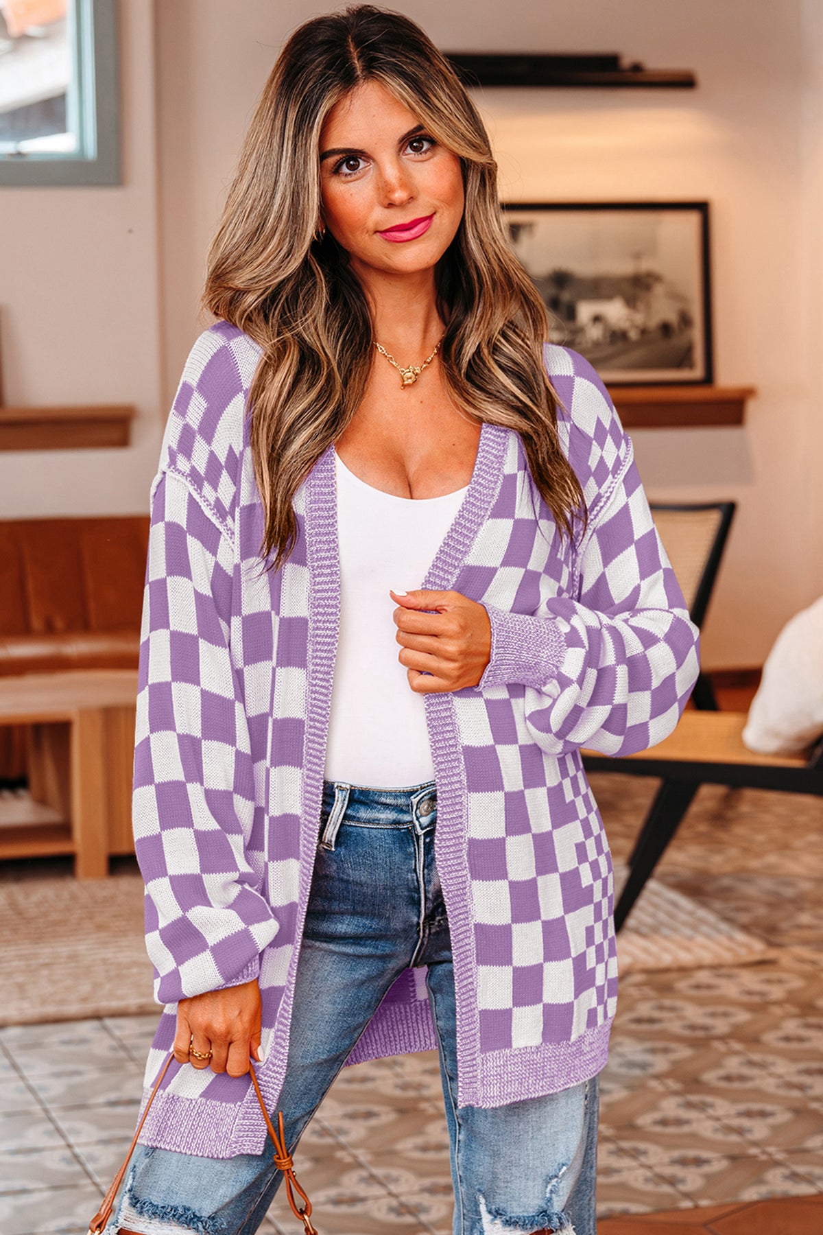 Purple Checkered Open Front Drop Shoulder Cardigan-Sweaters & Cardigans/Cardigans-[Adult]-[Female]-Purple-S-2022 Online Blue Zone Planet