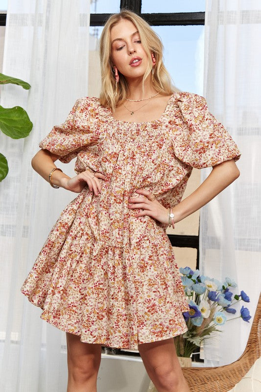 ADORA Floral Square Neck Puff Sleeve Dress-TOPS / DRESSES-[Adult]-[Female]-Orange-S-2022 Online Blue Zone Planet