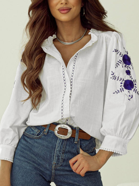 Frill Floral Embroidered Sleeve Shirt-TOPS / DRESSES-[Adult]-[Female]-White-S-2022 Online Blue Zone Planet