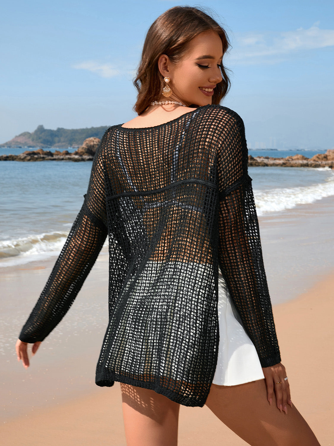 Openwork Slit Boat Neck Long Sleeve Cover-Up-TOPS / DRESSES-[Adult]-[Female]-2022 Online Blue Zone Planet