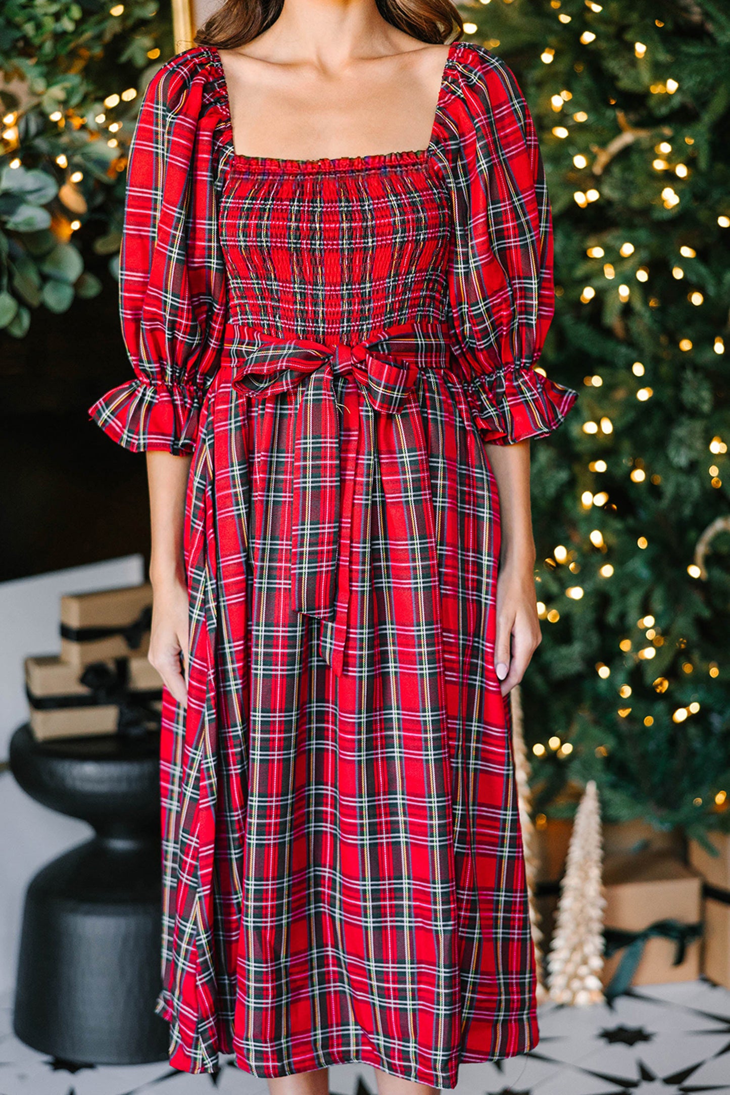 Red Tartan Plaid Square Neck Puff Sleeve Knot Waist Flared Midi Dress-TOPS / DRESSES-[Adult]-[Female]-2022 Online Blue Zone Planet