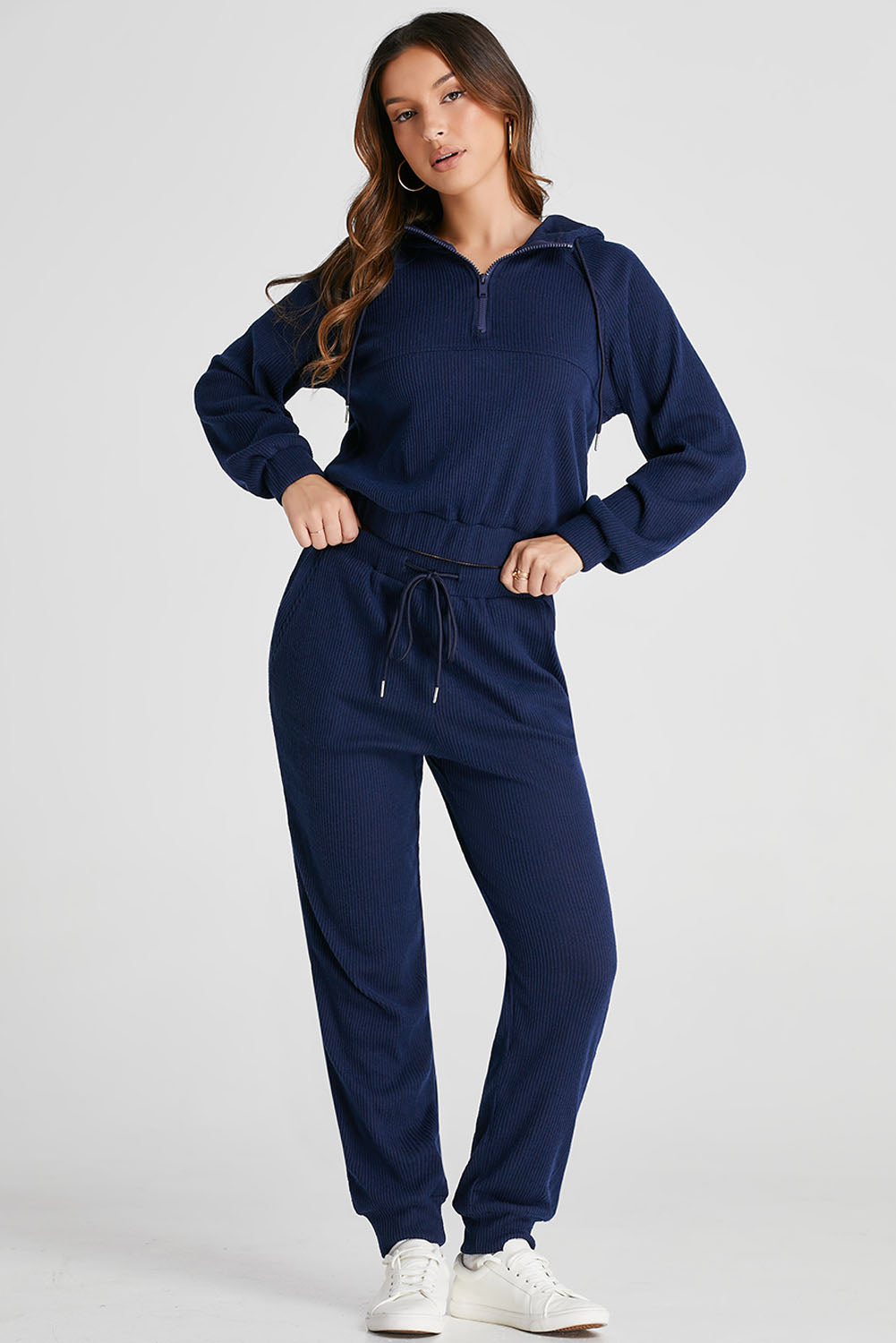 Drawstring Half Zip Hoodie and Joggers Active Set-HOODIES-[Adult]-[Female]-2022 Online Blue Zone Planet