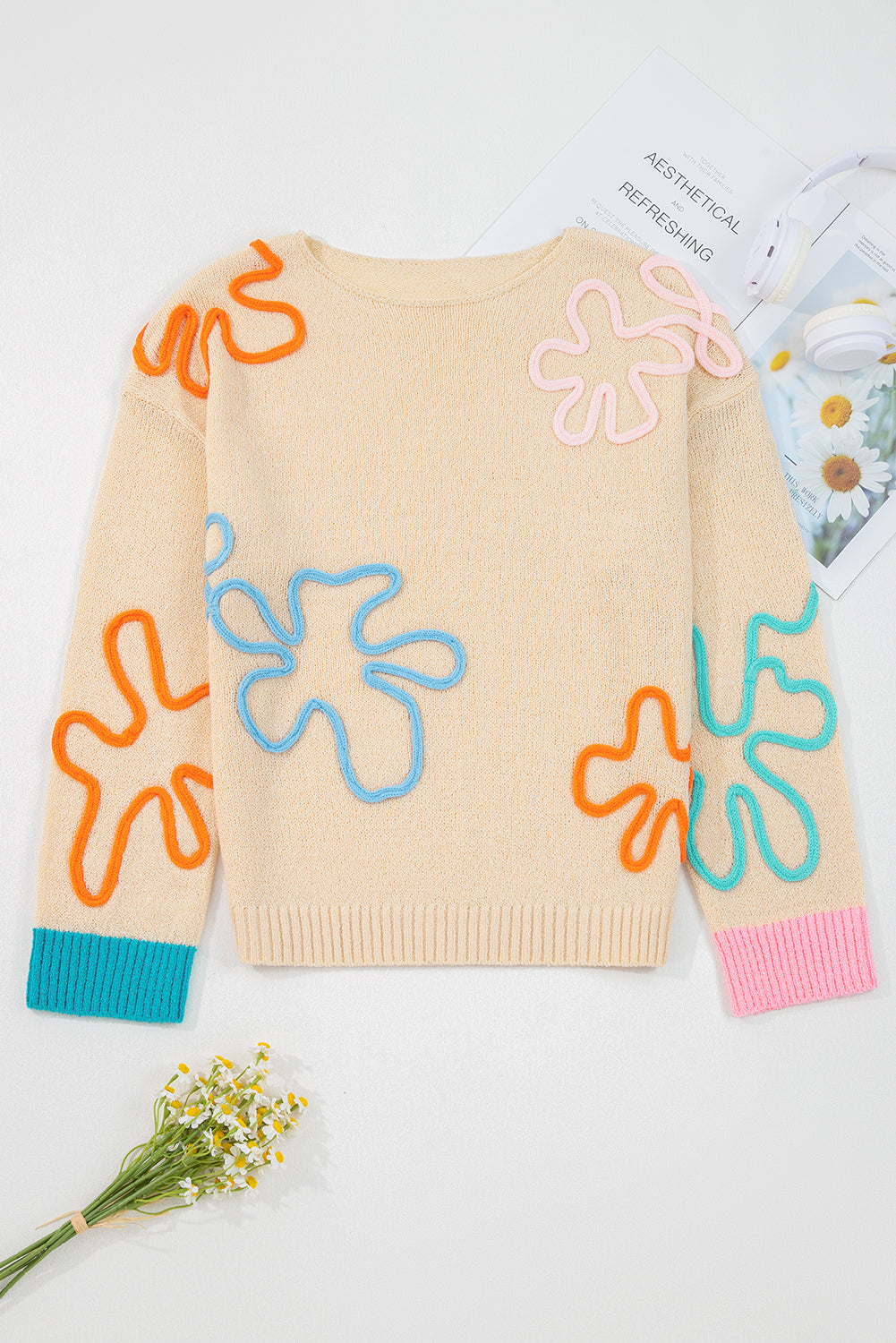 Jet Stream Contrast Flower Detail Colorblock Cuffed Loose Sweater-Sweaters & Cardigans/Sweaters-[Adult]-[Female]-2022 Online Blue Zone Planet