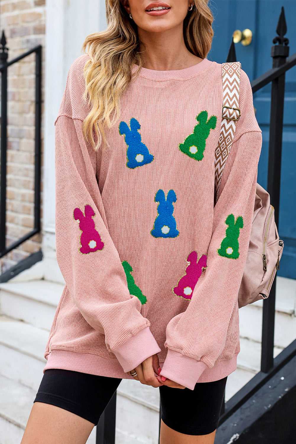 Pink Easter Rabbit Patched Pattern Corded Crewneck Sweatshirt-Graphic/Graphic Sweatshirts-[Adult]-[Female]-2022 Online Blue Zone Planet