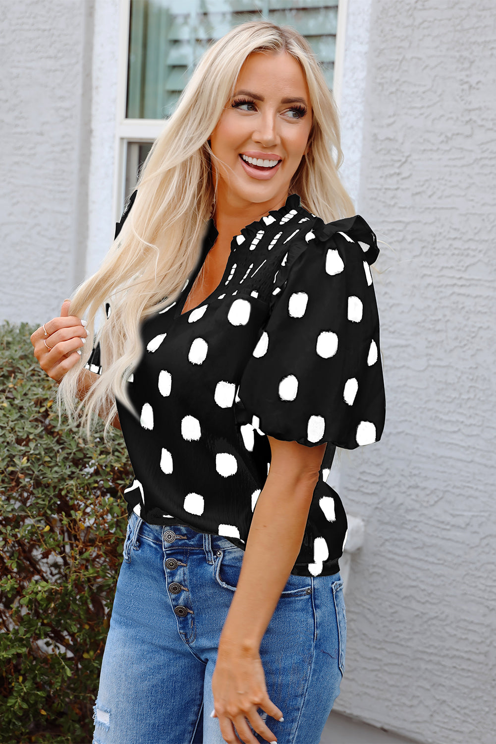 Black Polka Dot Print Shirred Yoke Notched Neck Balloon Sleeve Blouse-Tops/Blouses & Shirts-[Adult]-[Female]-2022 Online Blue Zone Planet