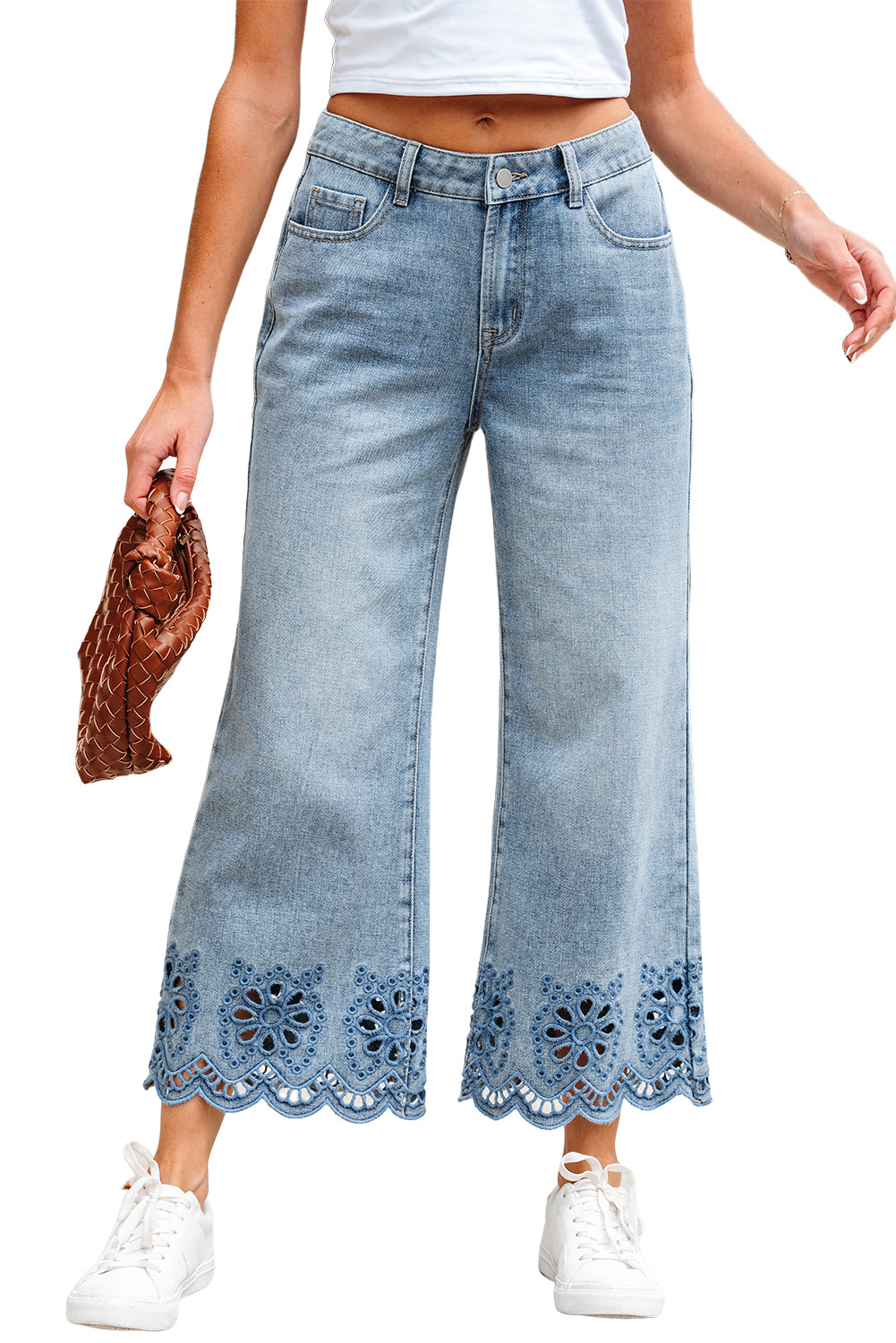 Dusk Blue Embroidered Cropped Wide Leg High Waist Jeans-Bottoms/Jeans-[Adult]-[Female]-2022 Online Blue Zone Planet