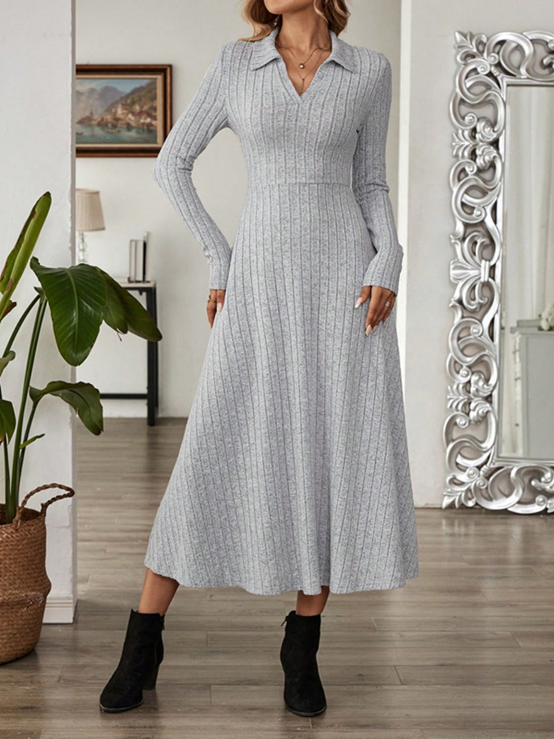 Blue Zone Planet | Ribbed Johnny Collar Long Sleeve Dress-TOPS / DRESSES-[Adult]-[Female]-2022 Online Blue Zone Planet