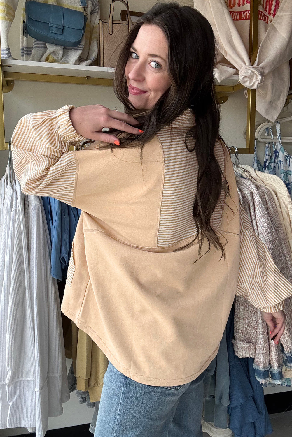 Smoke Gray Quarter Zip Striped Patchwork Drop Shoulder Loose Long Sleeve Top-Tops/Long Sleeve Tops-[Adult]-[Female]-2022 Online Blue Zone Planet