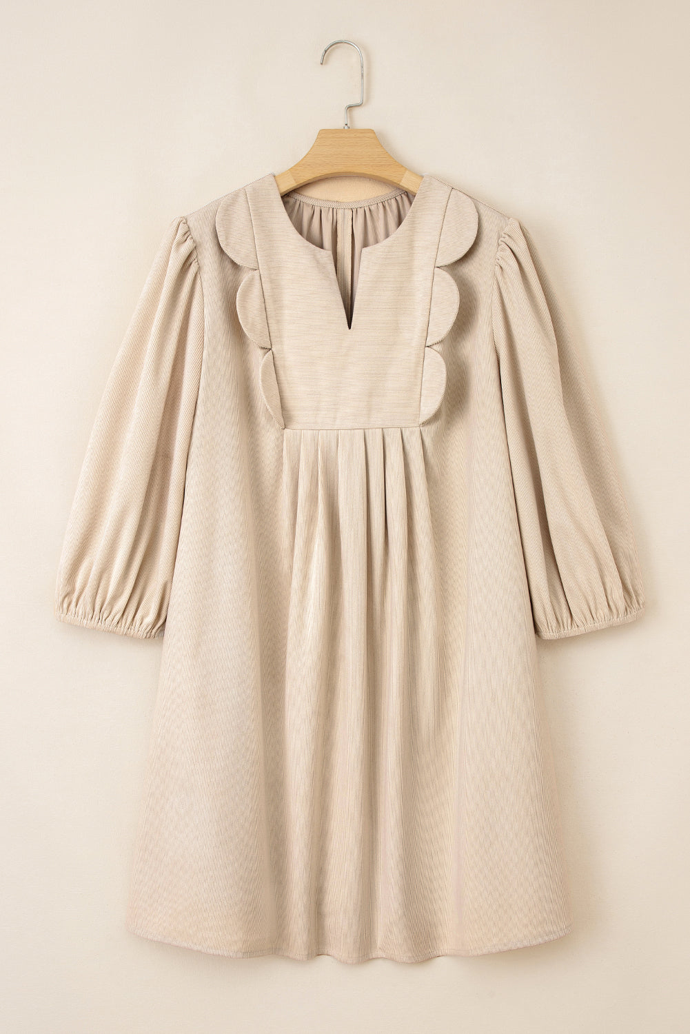 Parchment Notched Neck Scallop Detail Plus Size Mini Dress-TOPS / DRESSES-[Adult]-[Female]-2022 Online Blue Zone Planet